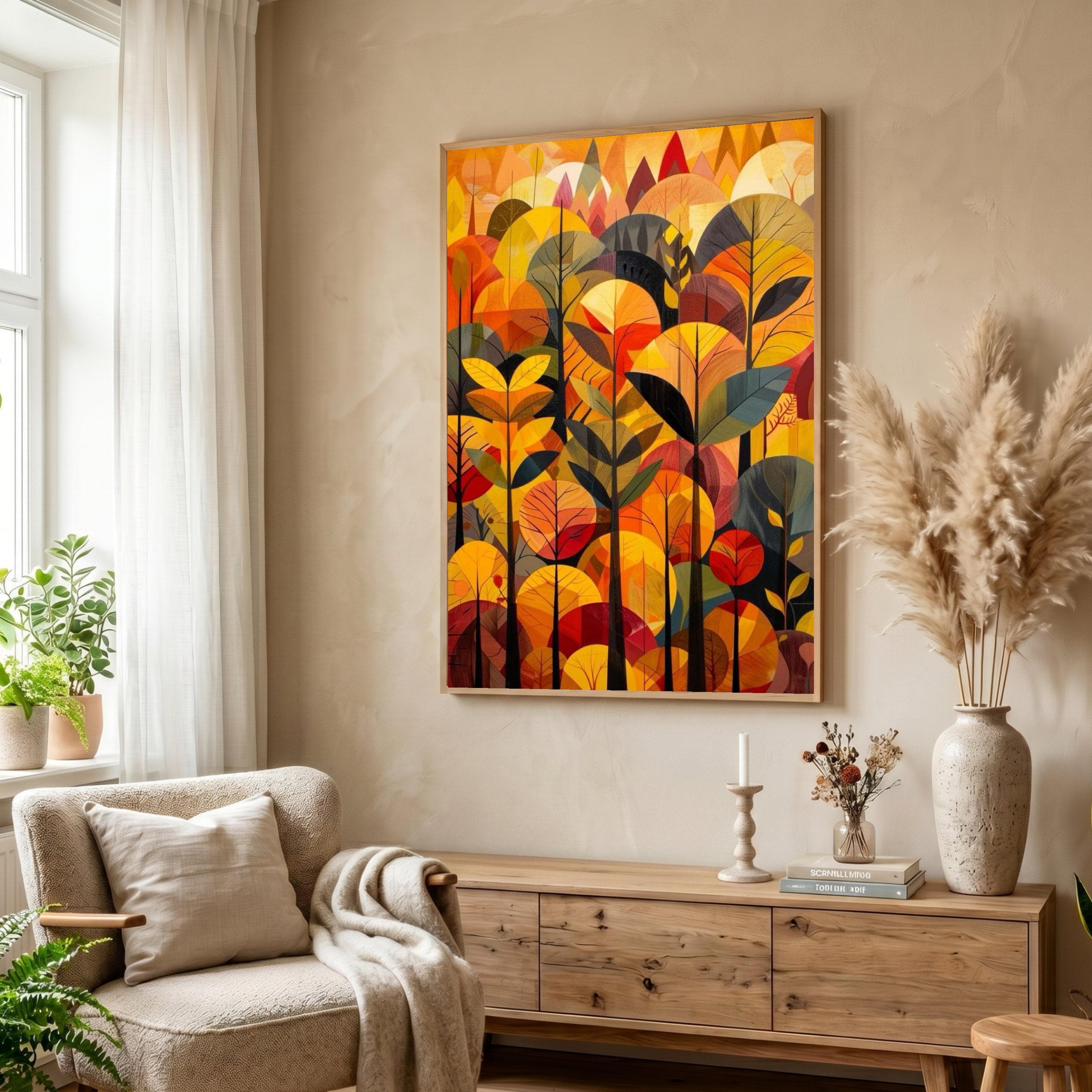 Autumn Forest Abstract Canvas, Modern Fall Leaves Wall Art, Geometric Tree Design, Warm Orange Home Decor, Nature Canvas Decoration - image 5