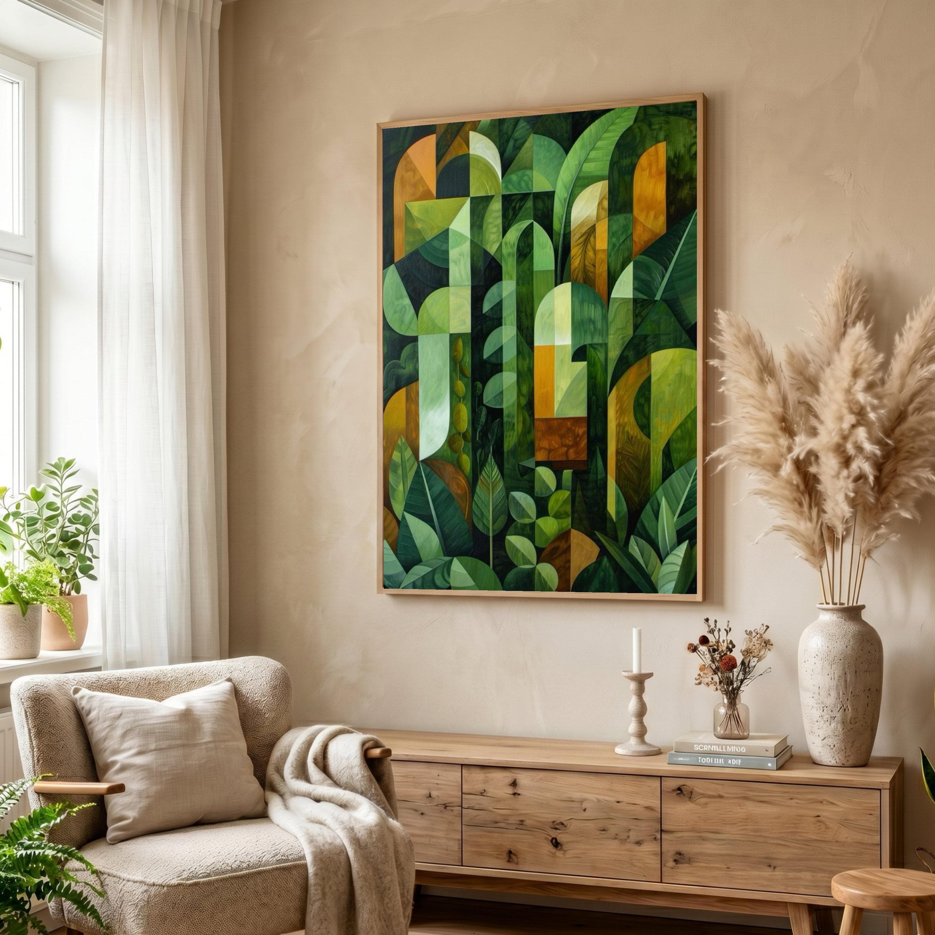Abstract Green Leaves Canvas, Botanical Wall Art, Modern Nature Decor, Geometric Plant Painting, Tropical Leaf Canvas, Home Living Room Art - image 5