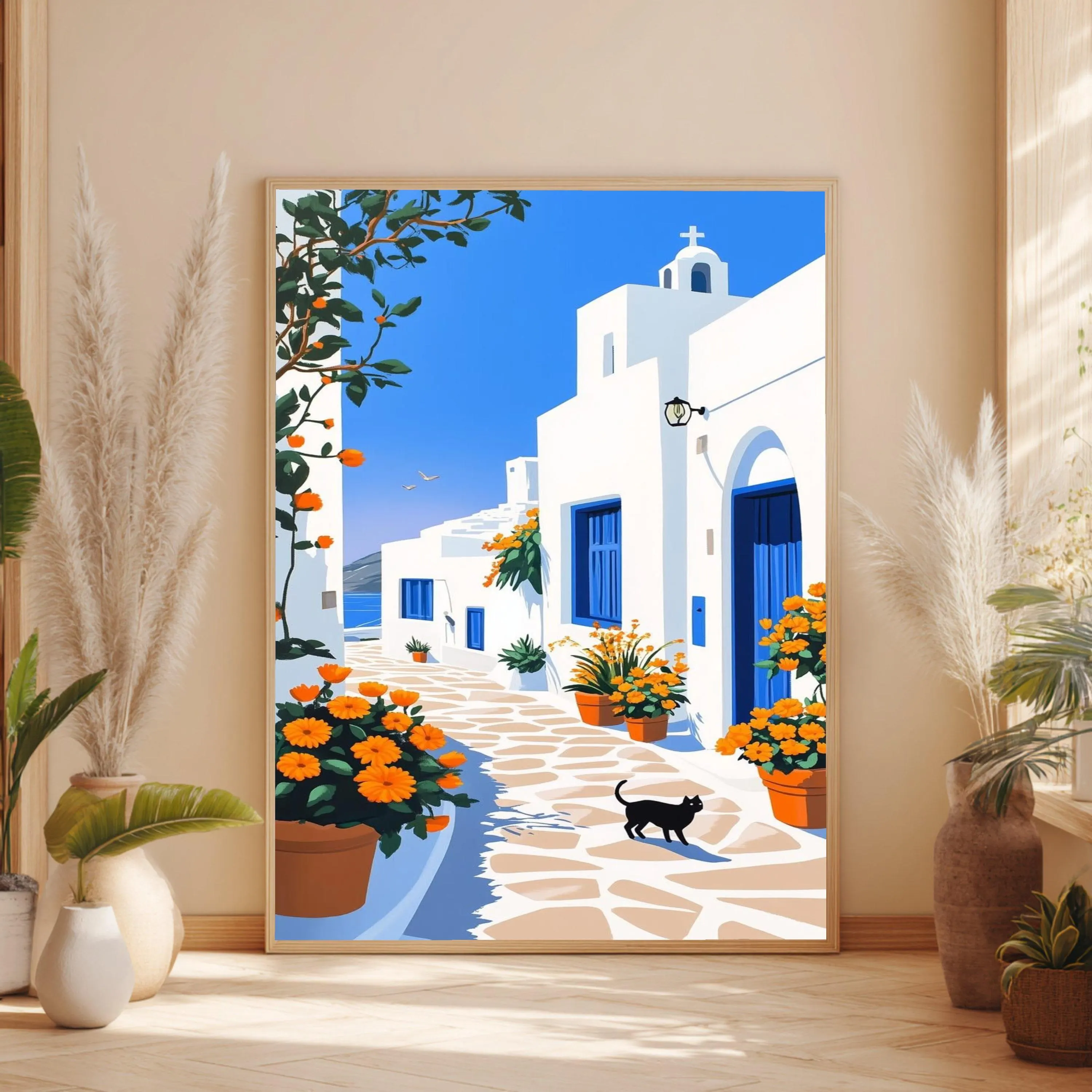 Large Mediterranean Village Path, Blue Doorway Canvas, White Architecture Wall Art, Orange Flowers Canvas, Coastal Home Decoration