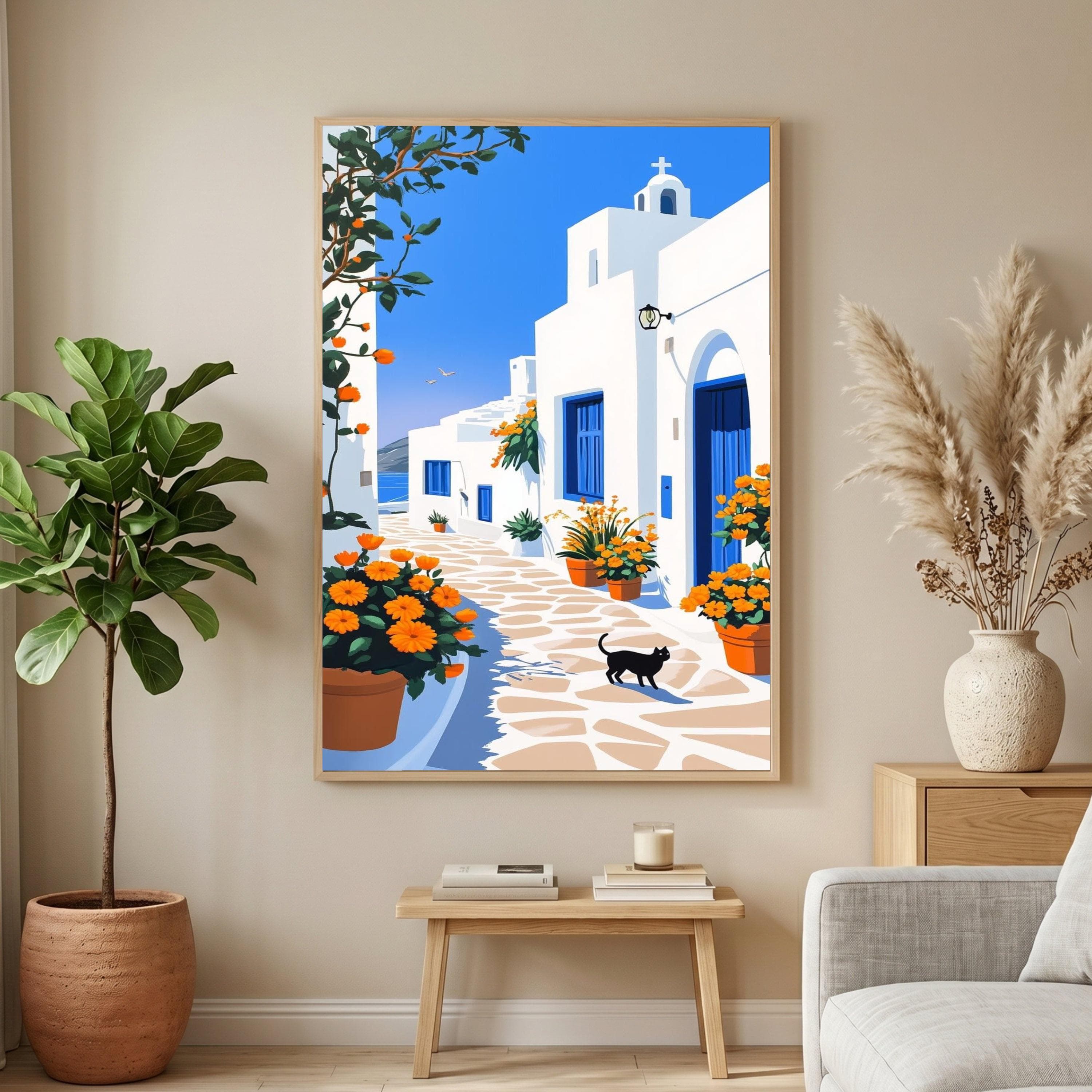 Large Mediterranean Village Path, Blue Doorway Canvas, White Architecture Wall Art, Orange Flowers Canvas, Coastal Home Decoration - image 4