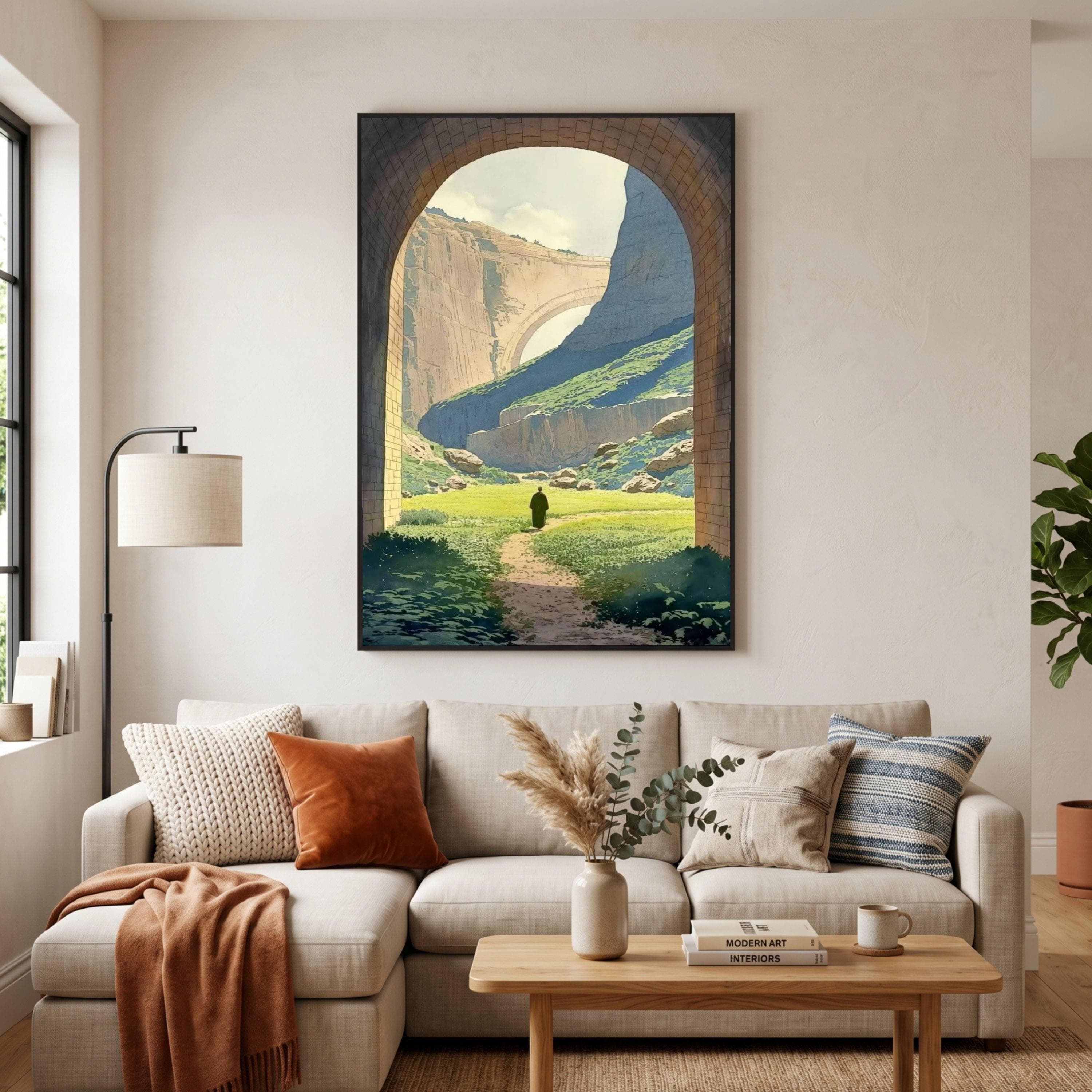 Serene Archway View Canvas, Mountain Path Landscape Wall Art, Faux Window Nature Print, Tranquil Scenery Painting, Framed Living Room Decor - image 5