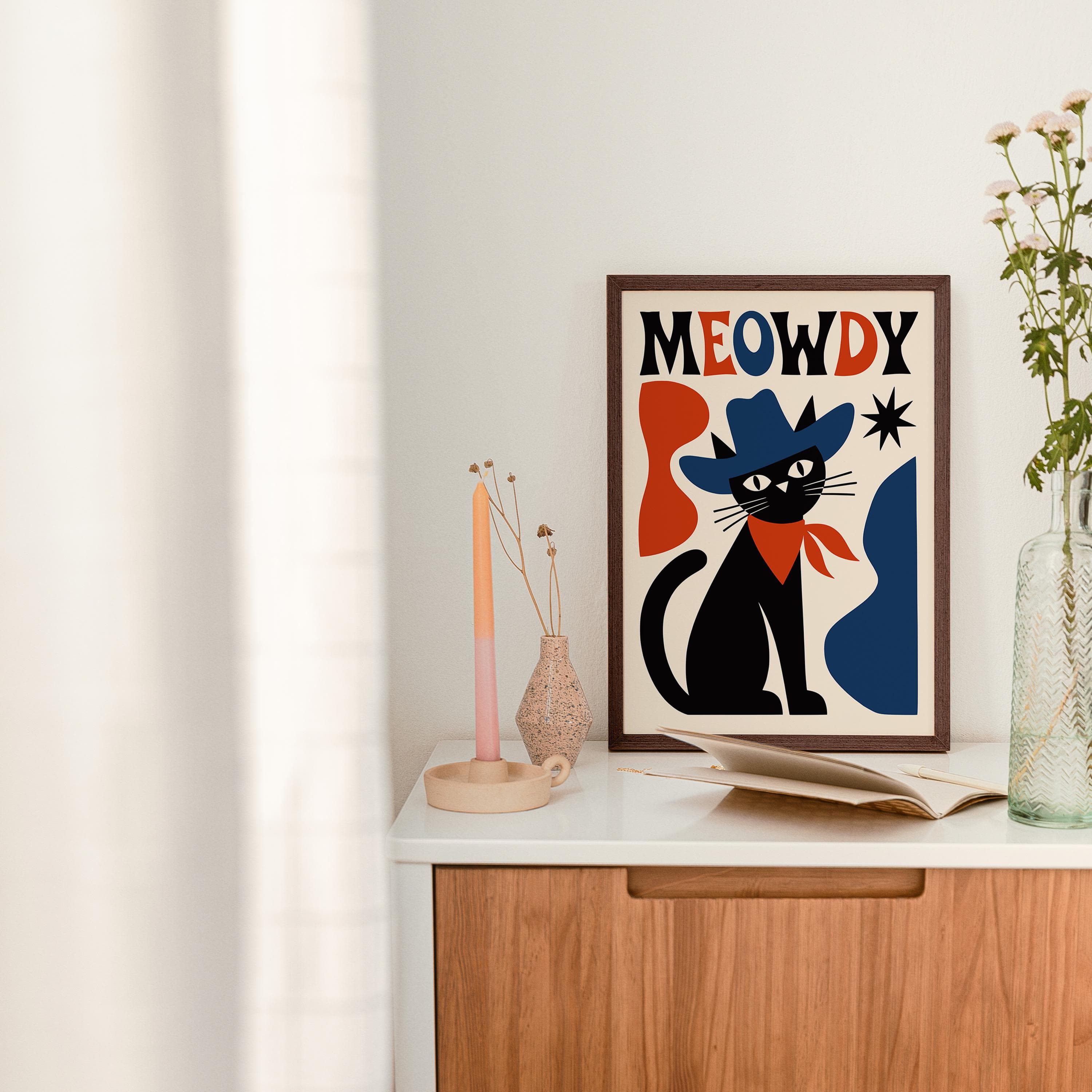 Meowdy Cowboy Cat Poster - Framed Unframed Giclée Fine Art Print - Western American Wall Decor