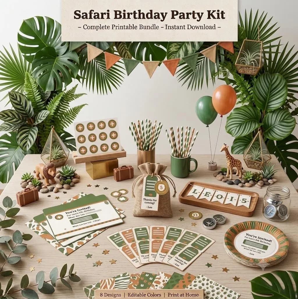 Safari Birthday Party Kit | Printable Party Bundle | Invitation + Decorations | Instant Download