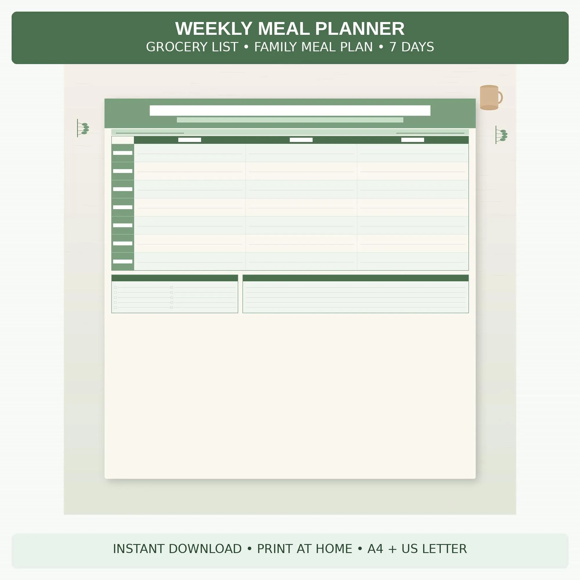 Weekly Meal Planner Printable | Shopping List | Recipe Notes | 7 Day Meal Plan | Instant Download PDF