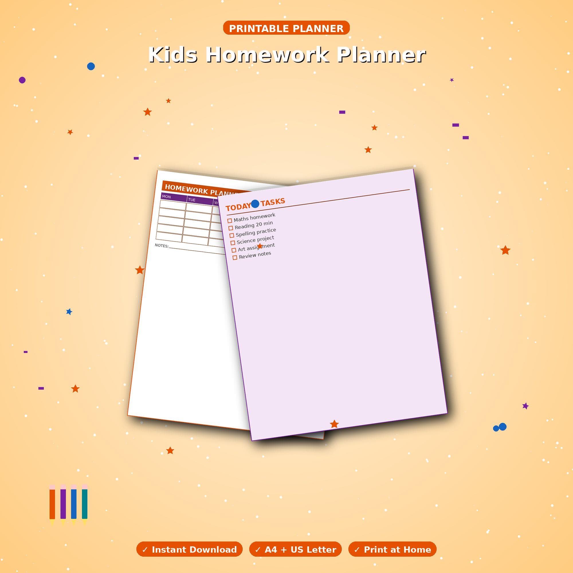 Kids Homework Planner Printable PDF Instant Download | Daily After School Homework Tracker Organiser Orange Blue A4 Kids Printable PDF