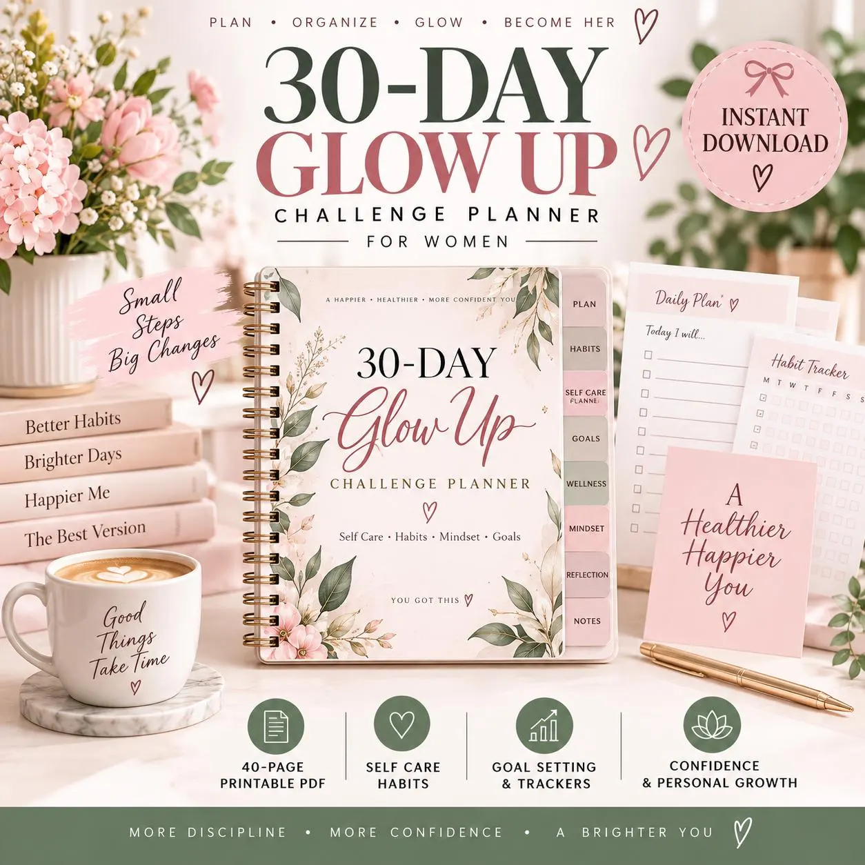30 Day Glow Up Challenge Planner for Women | Feminine Reset Journal | Becoming Her Workbook | Self Care Habit Tracker | Printable PDF