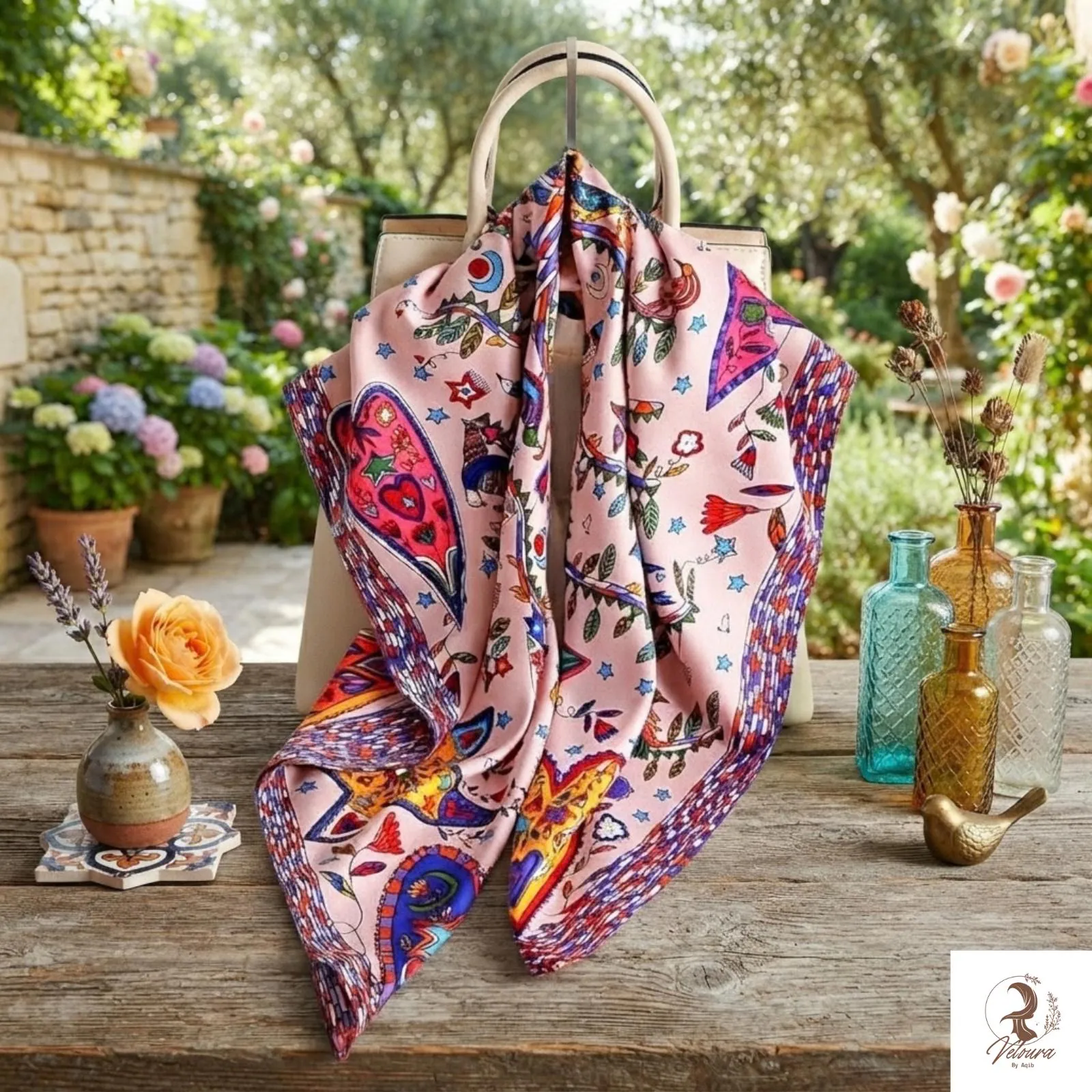 Nature-inspired scarf paired with a simple everyday outfit