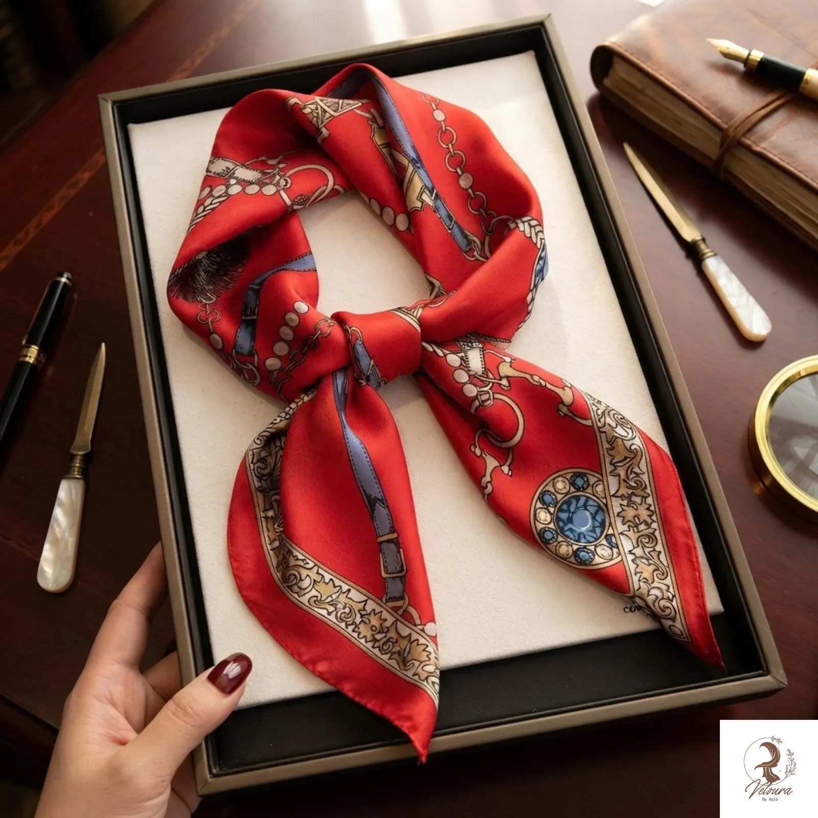 Printed scarf draped elegantly over the shoulders