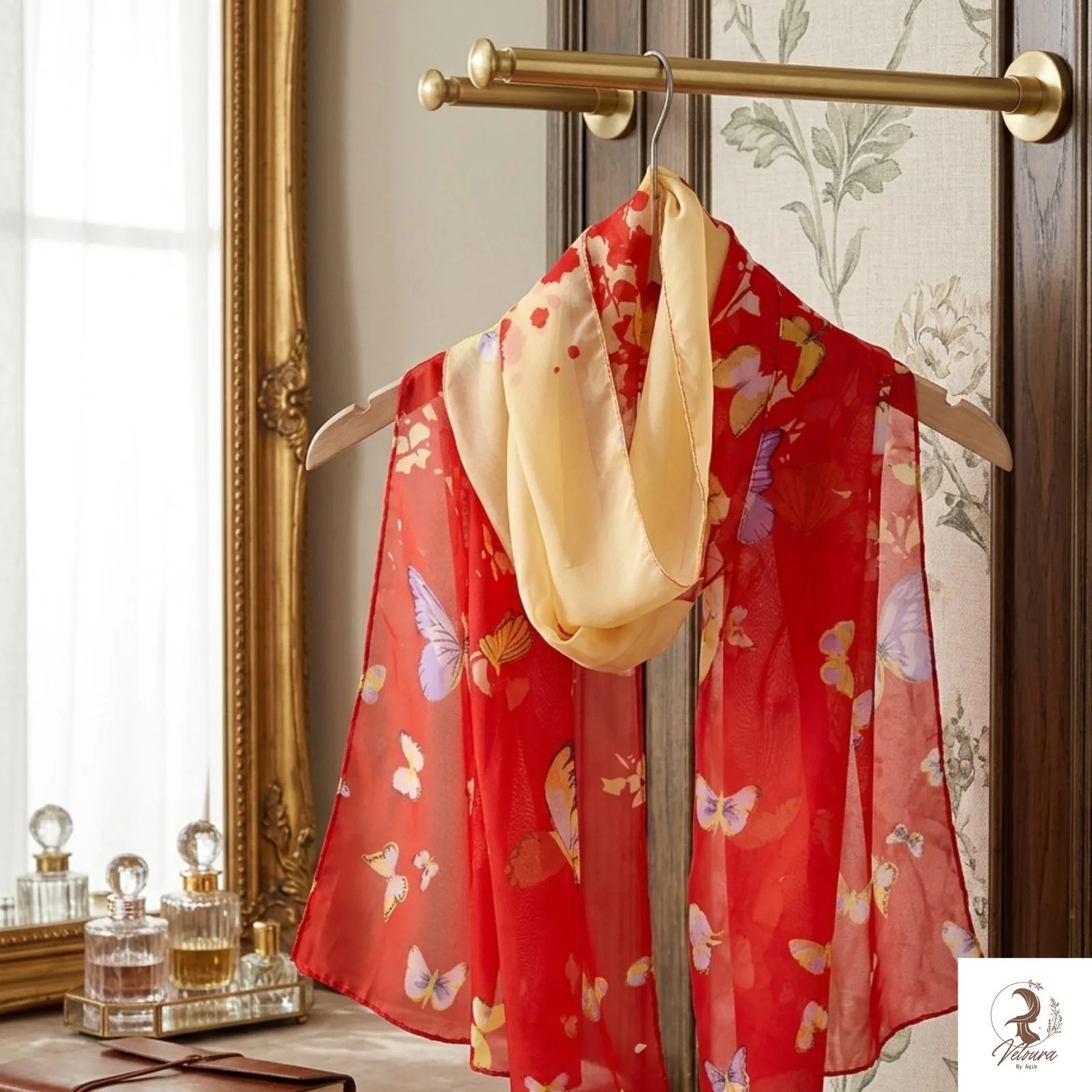 Printed scarf styled as a hair accessory for everyday wear.
