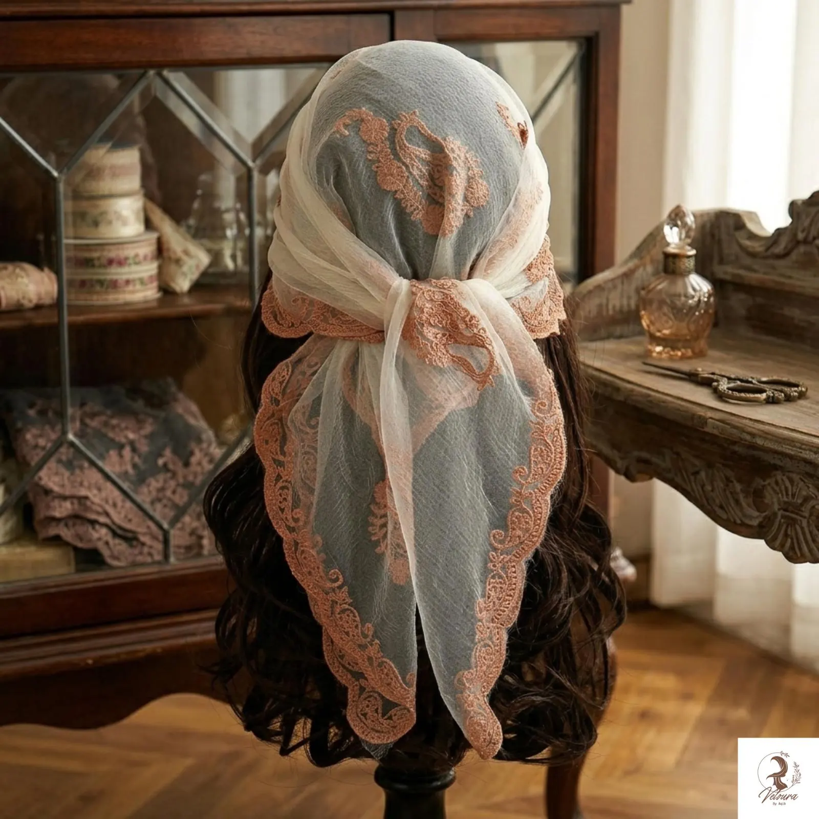 Decorative bandana scarf styled with a modern wardrobe