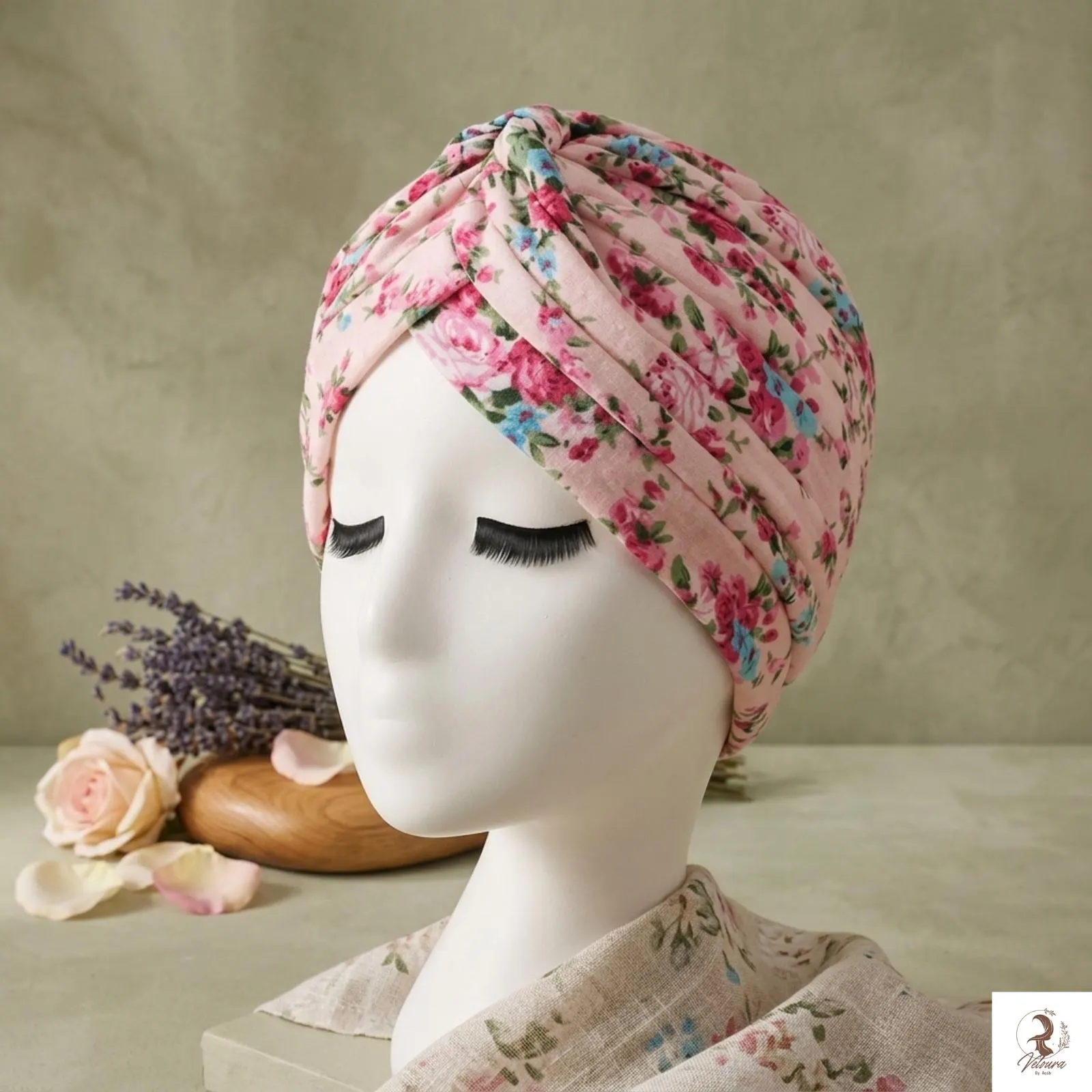 Floral lace hair wrap tied as triangle bandana for everyday fashion