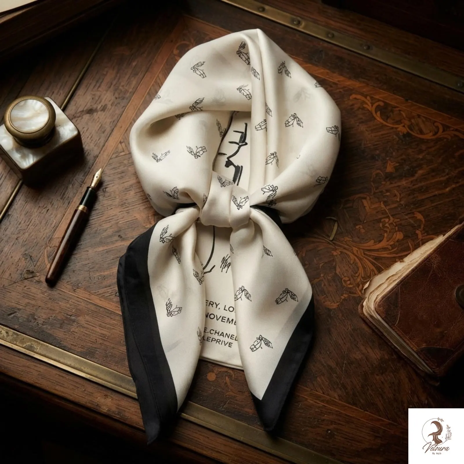 Close-up view of the letter print pattern on the square scarf