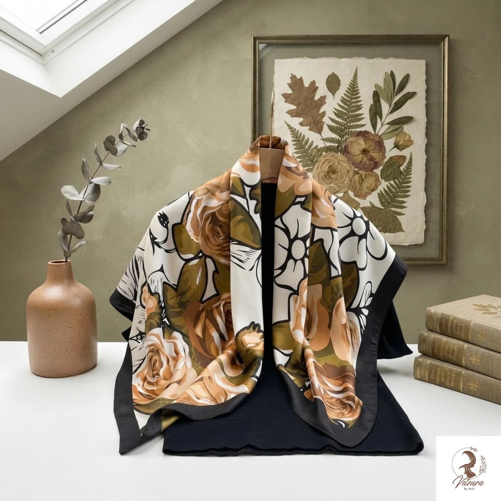 Printed scarf styled as a head wrap for women