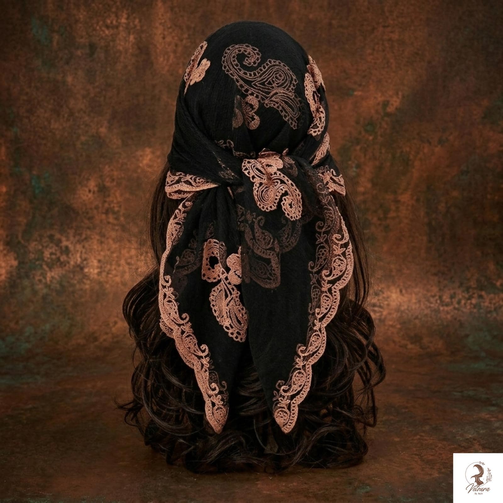 Lace paisley embroidered square scarf displayed flat showing detailed decorative stitching