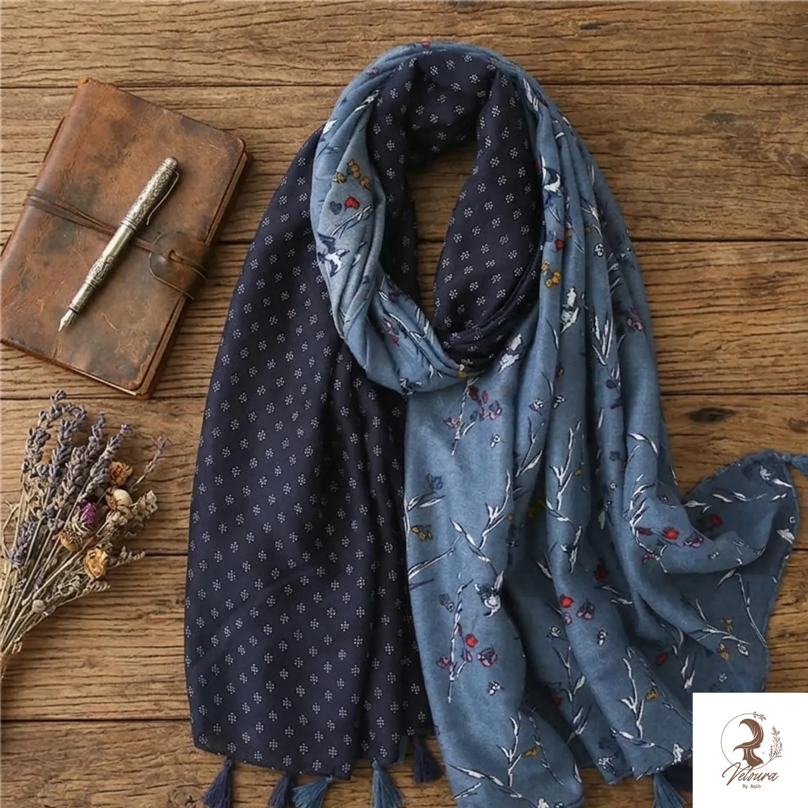 Versatile floral scarf worn as a casual everyday accessory