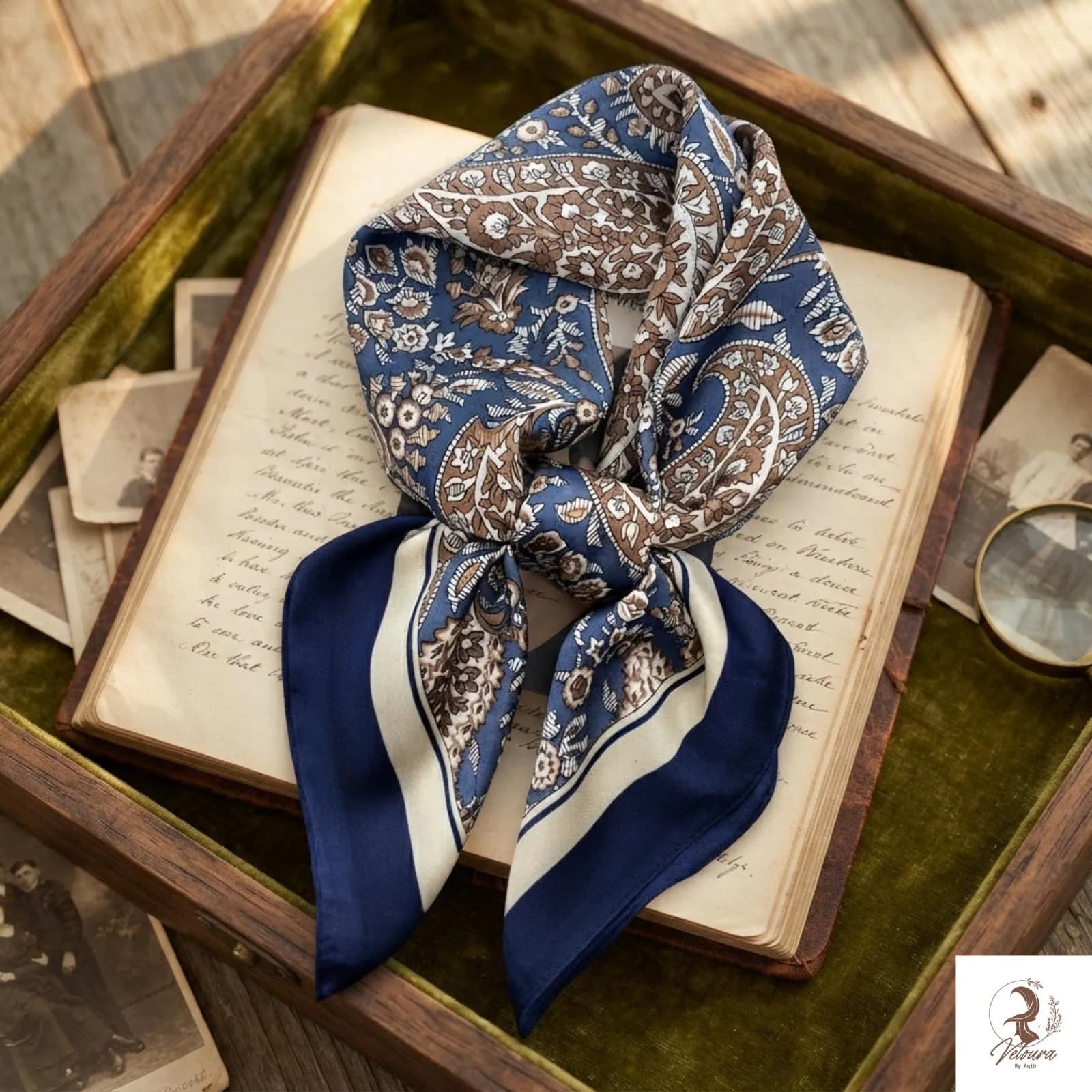 Square printed scarf styled as a lightweight head covering