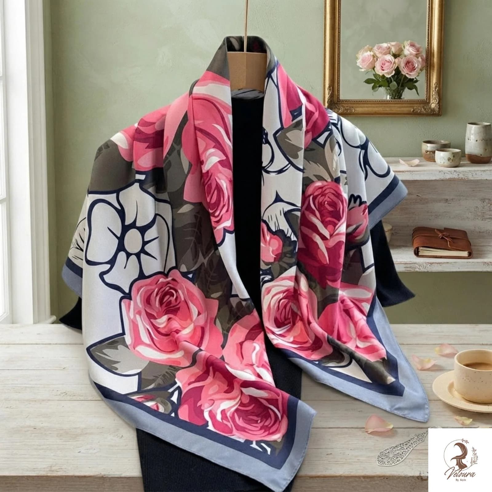 90cm square scarf featuring an elegant tree-inspired print
