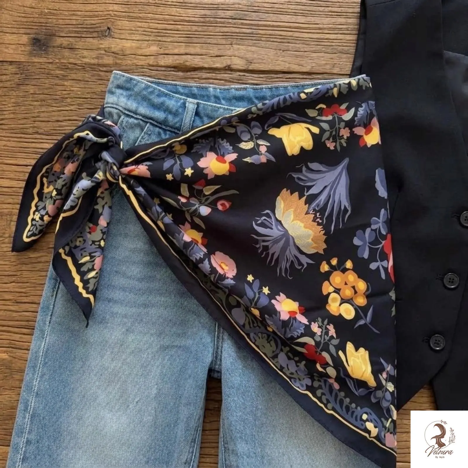 Floral triangle scarf styled around a woman's neck with a summer outfit