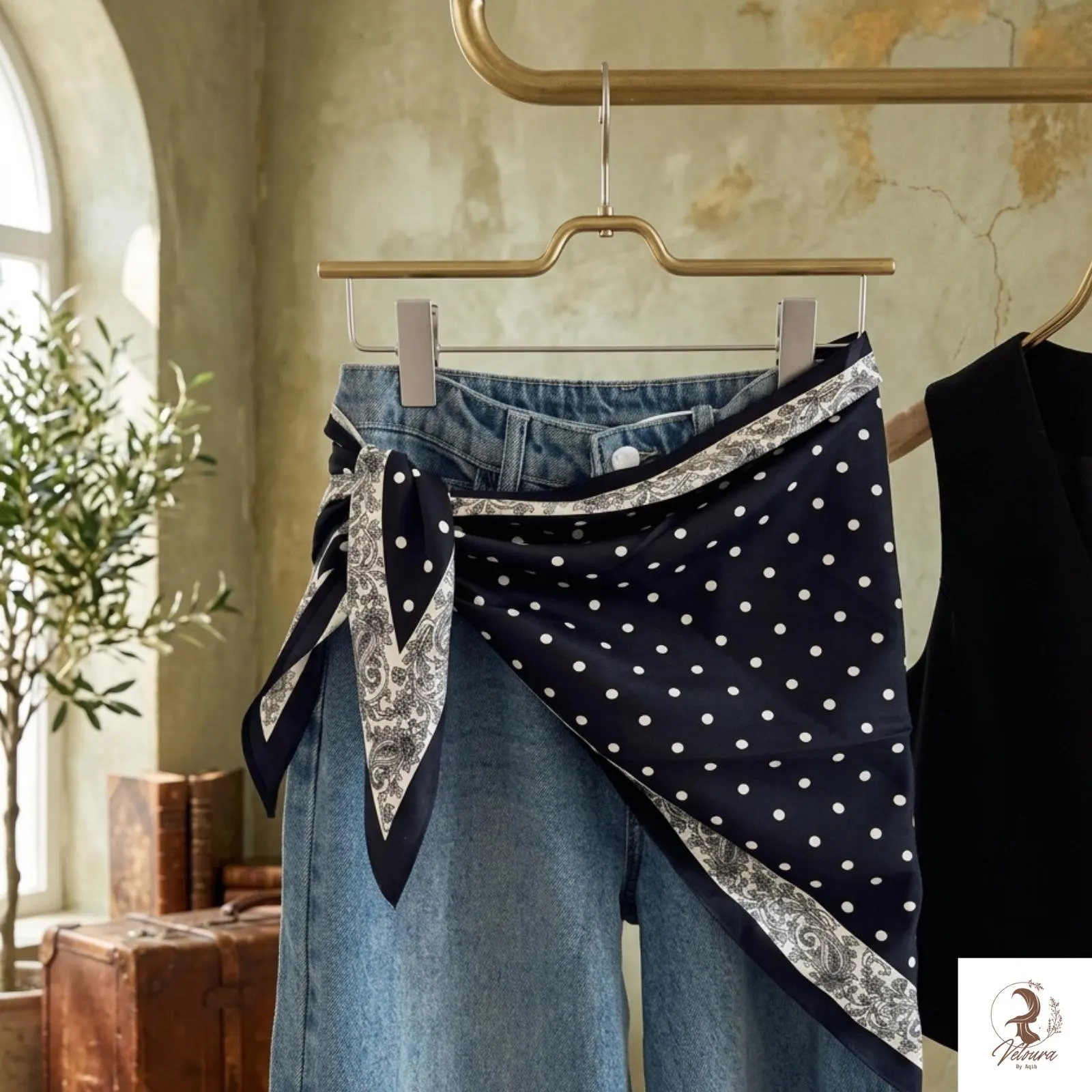 Triangle scarf tied around the waist as a decorative outfit accent