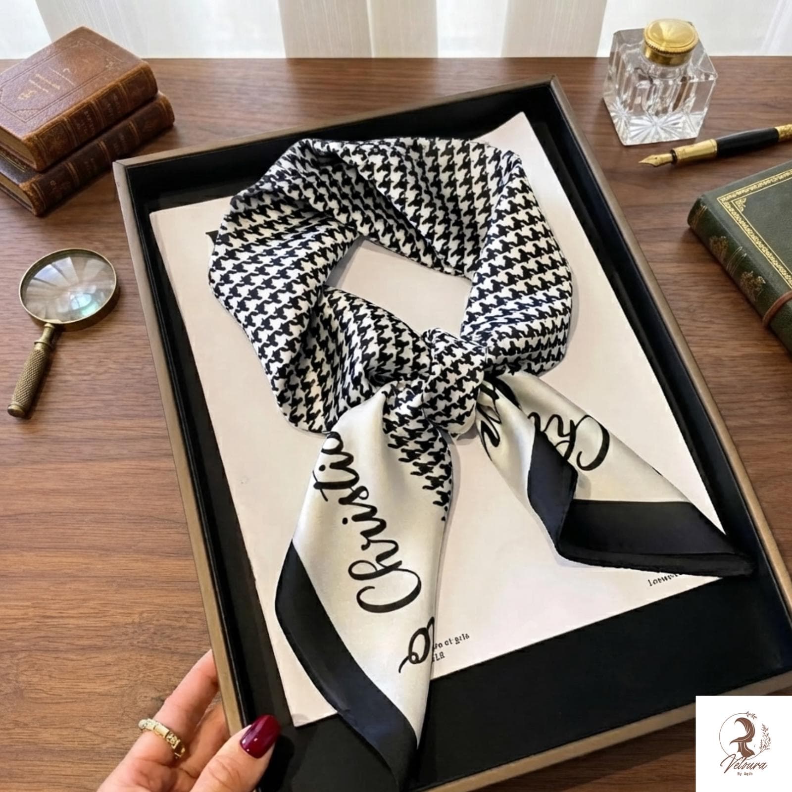 Versatile square scarf shown with multiple styling possibilities.