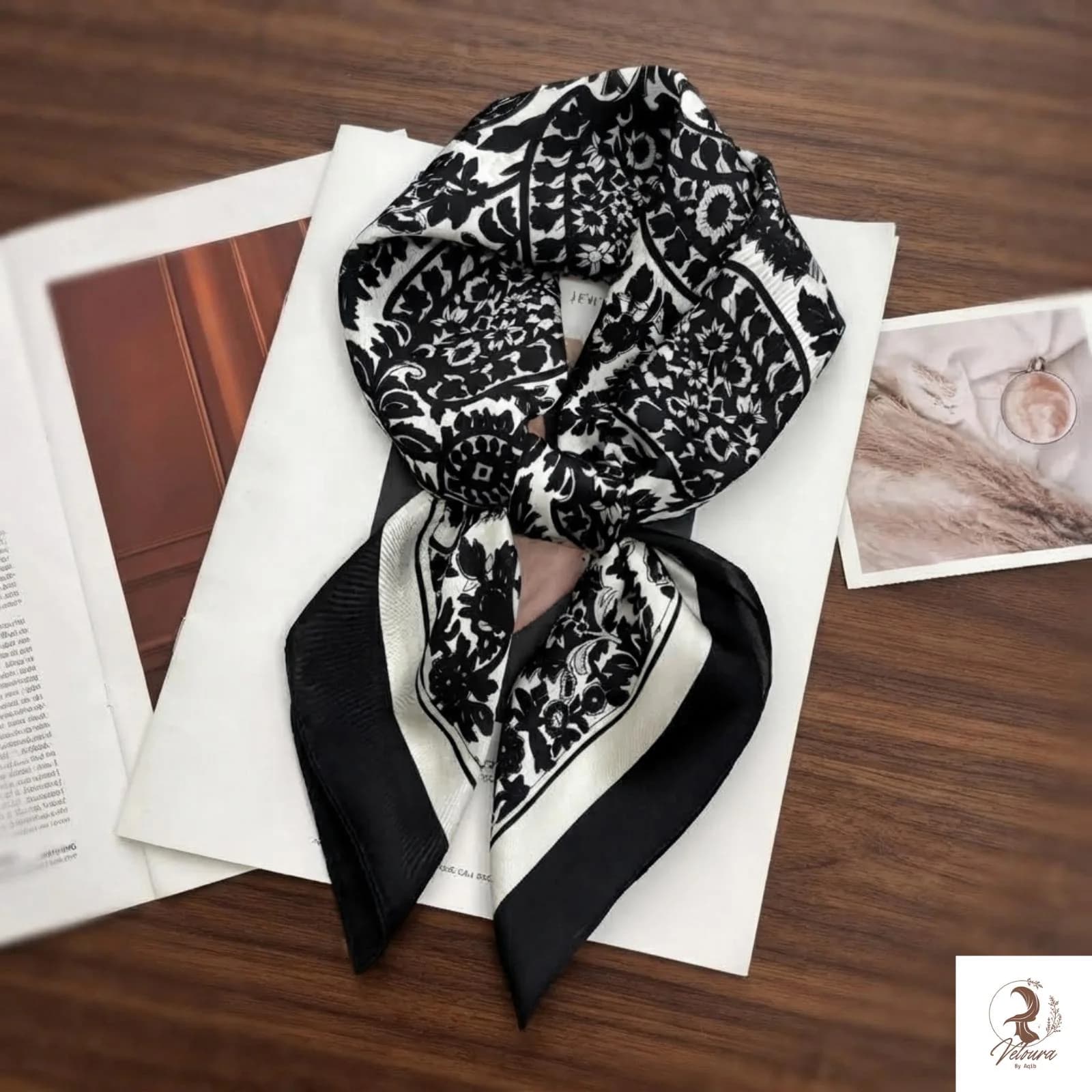 70cm printed satin square scarf styled around a woman's neck