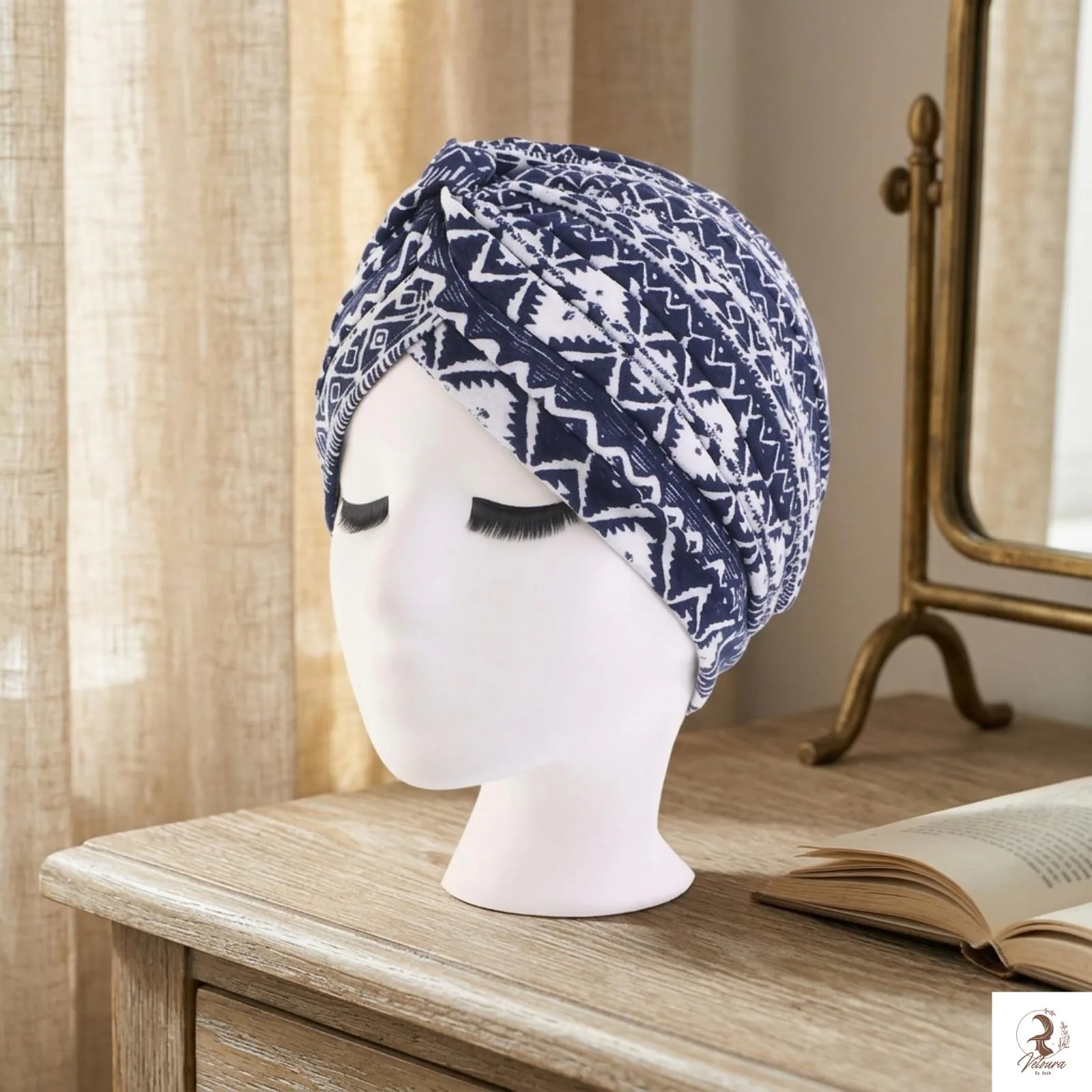 Lightweight bohemian hair scarf displayed on wooden background
