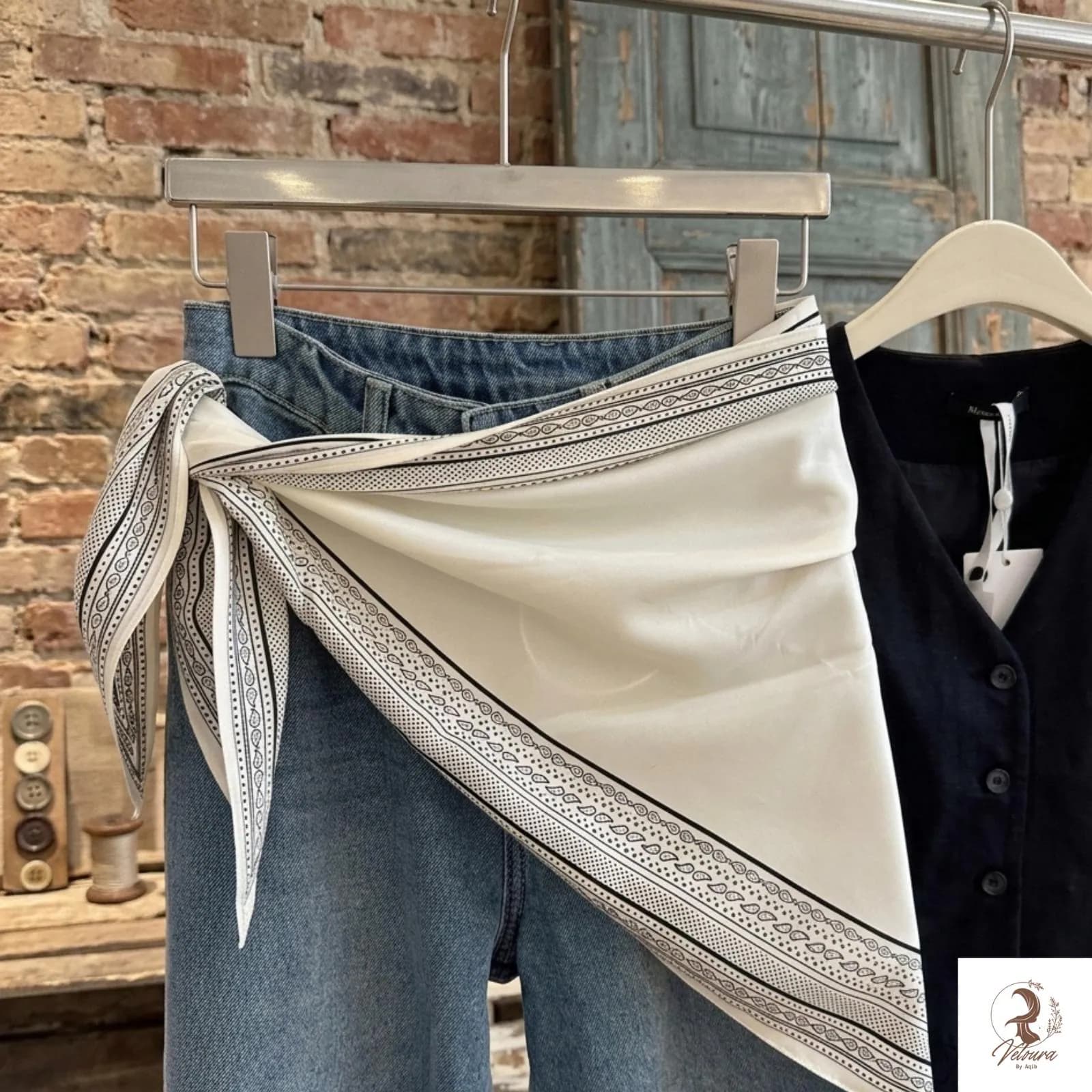 Women's triangle scarf worn as a lightweight neck accessory