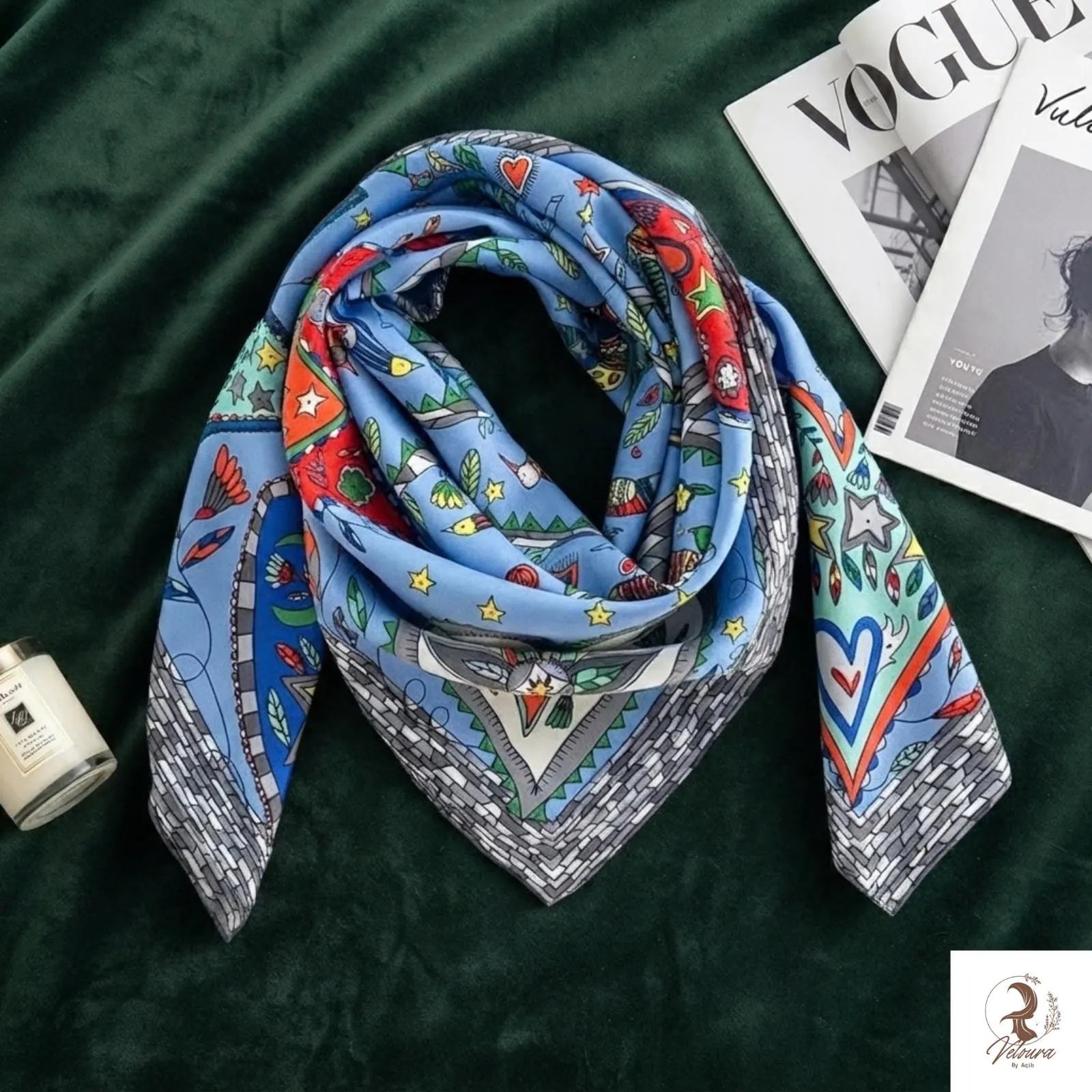 Women’s square printed scarf styled around the neck