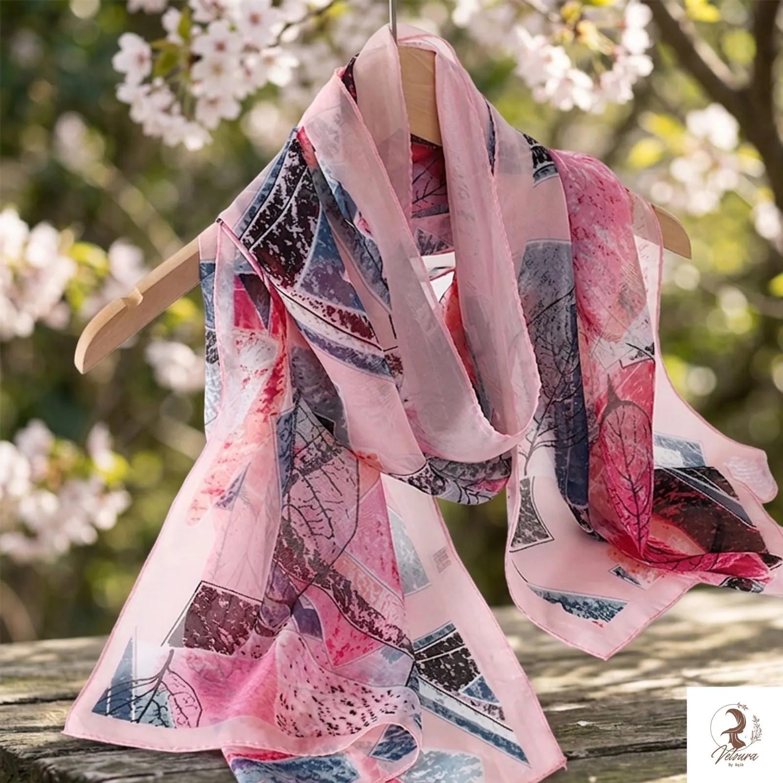 Elegant floral chiffon scarf presented as a thoughtful gift.