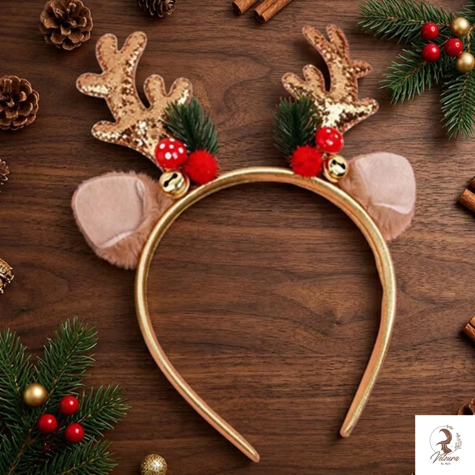 Holiday antler headband worn with a seasonal Christmas outfit