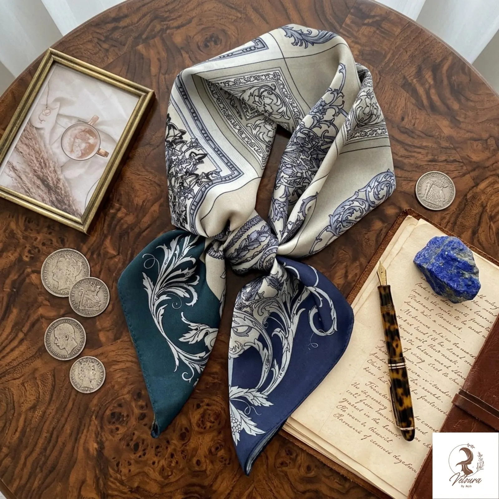 Geometric square scarf folded diagonally for a bandana-inspired look