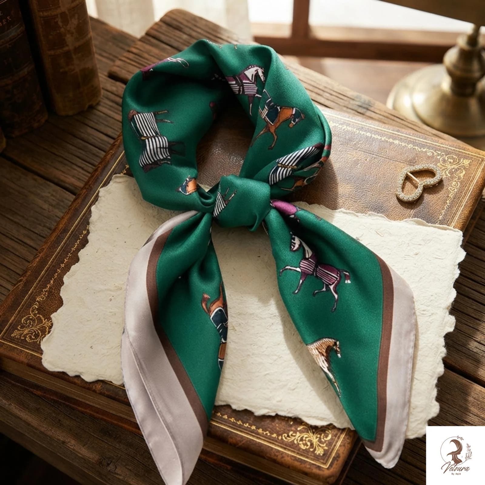 Satin scarf draped over the shoulders as a lightweight wrap.