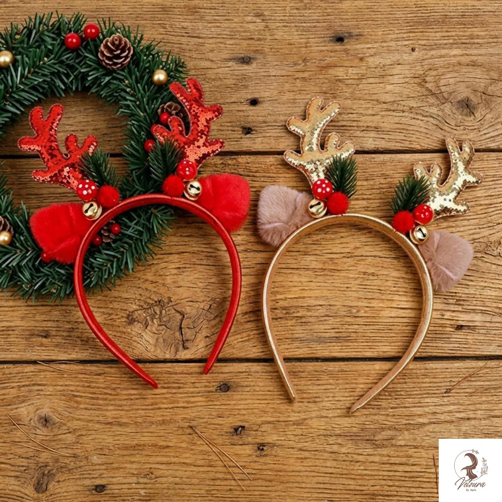 Glitter reindeer antler headband styled for a Christmas celebration