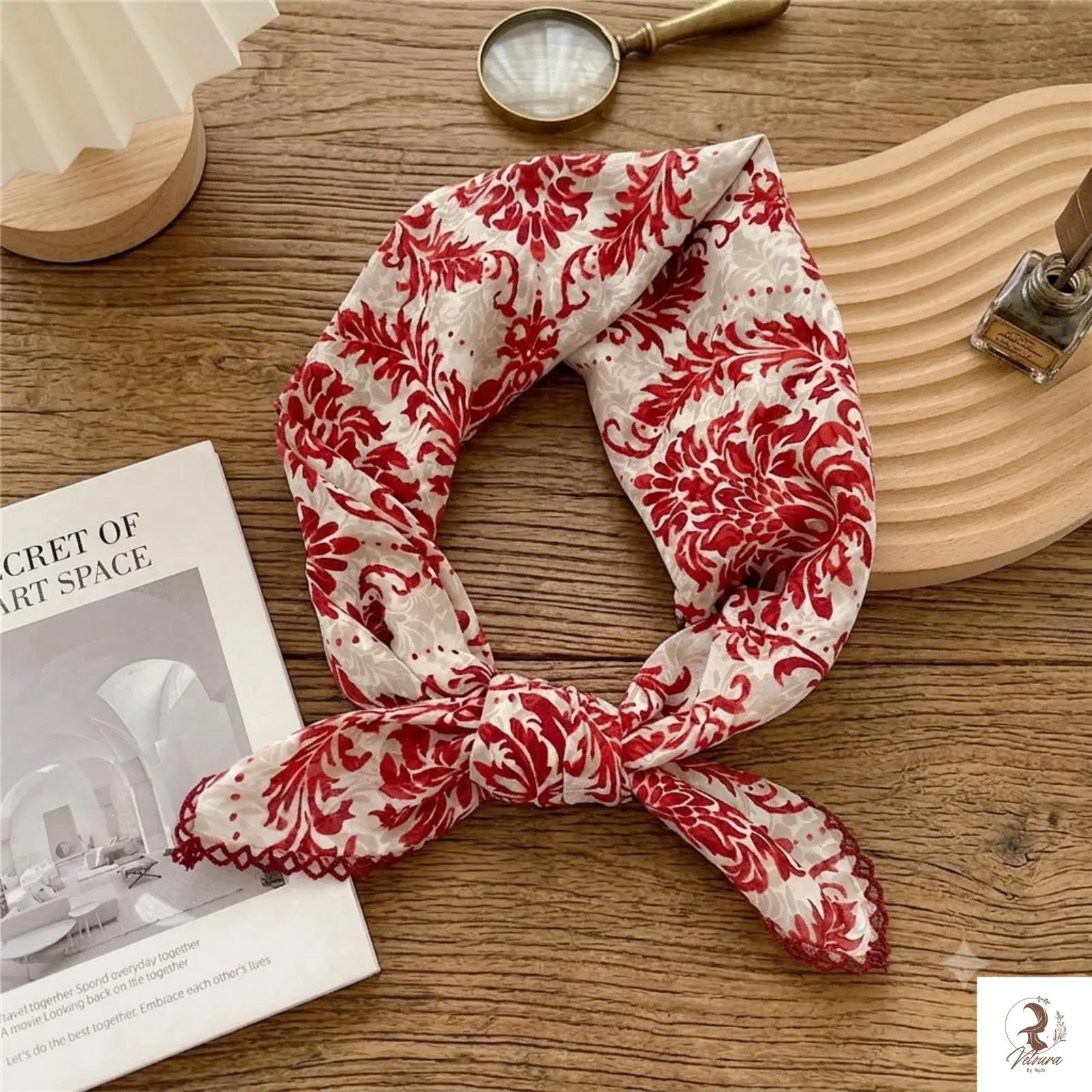 Small cotton bandana styled with loose hair for a relaxed look