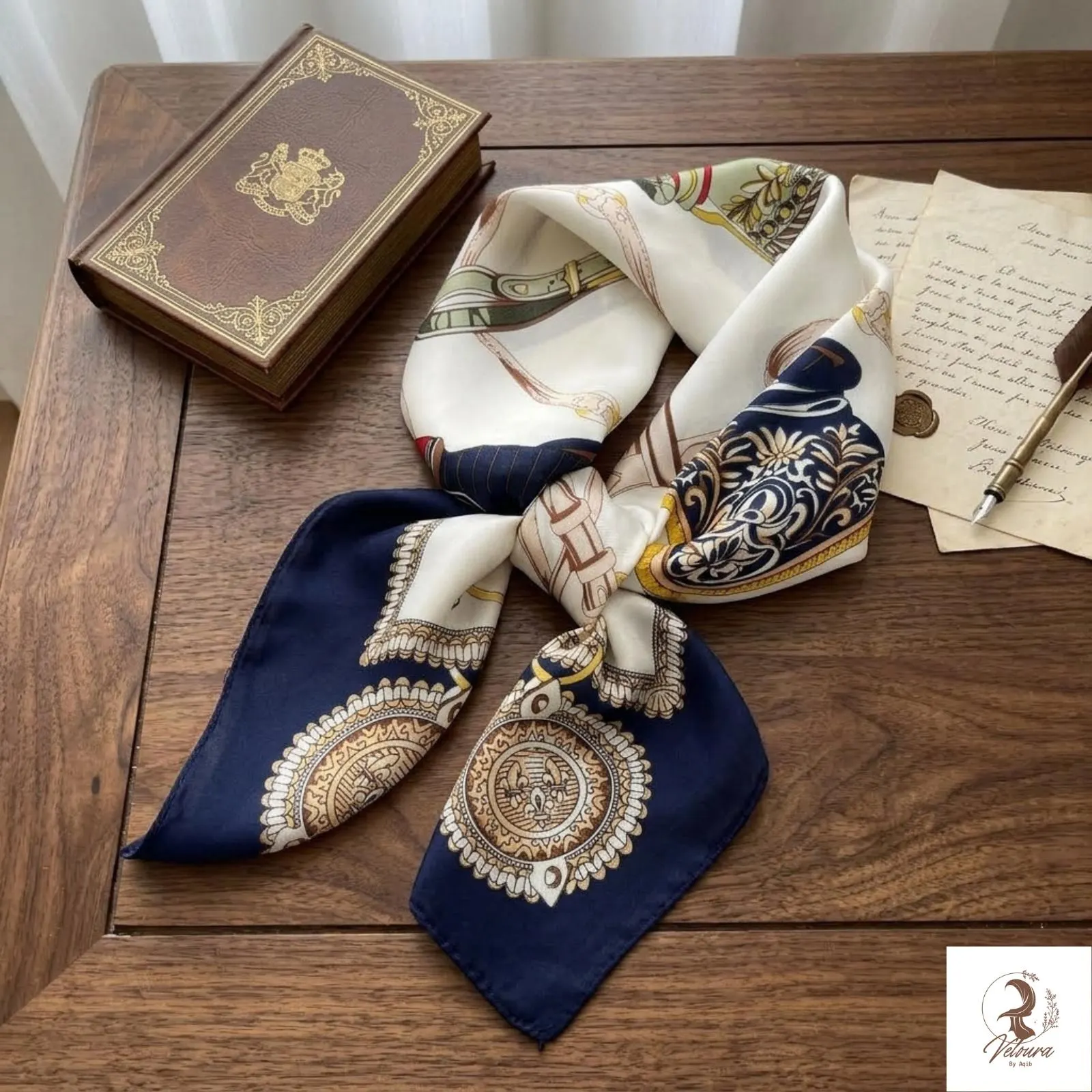 Scarf styled around a handbag handle as a decorative accessory