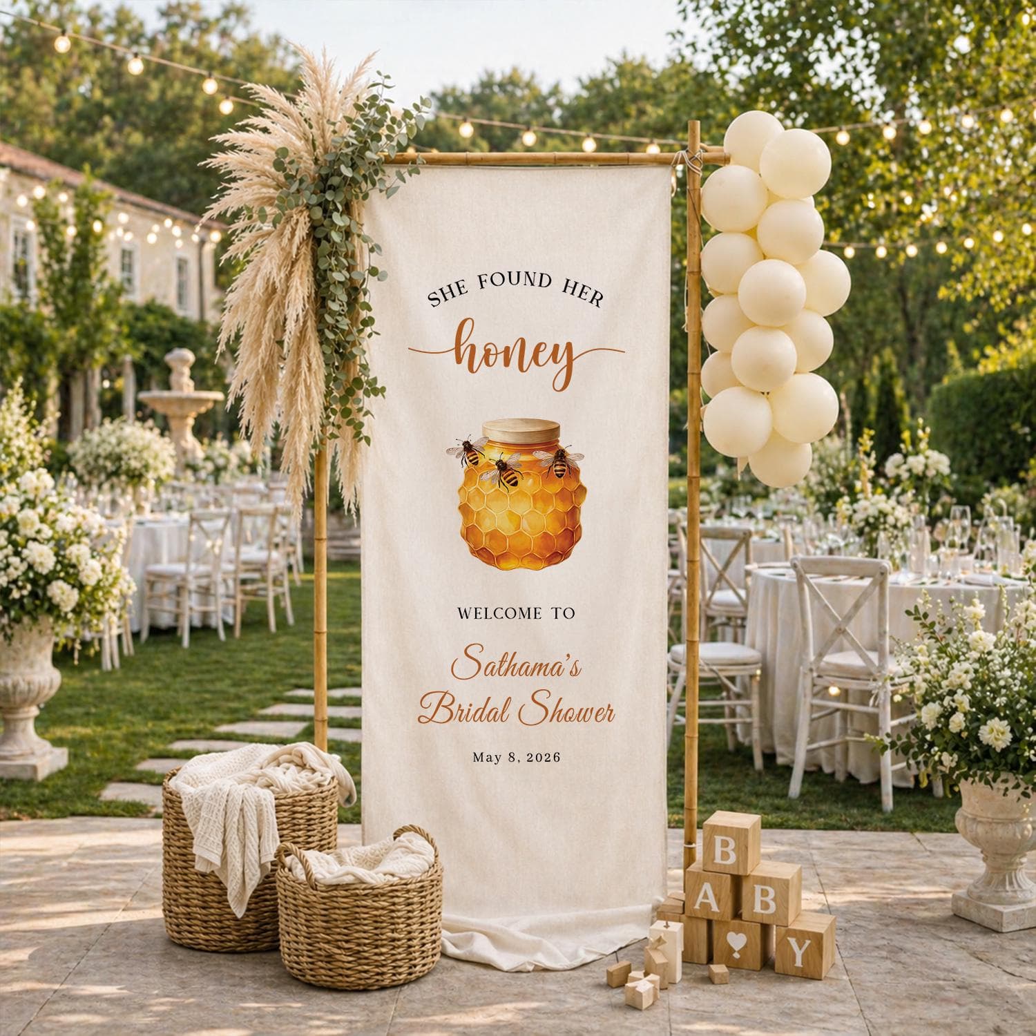 She Found Her Honey Bridal Shower Banner, Bee Theme Bridal Shower Welcome Sign, Personalized Bridal Shower Backdrop - image 4