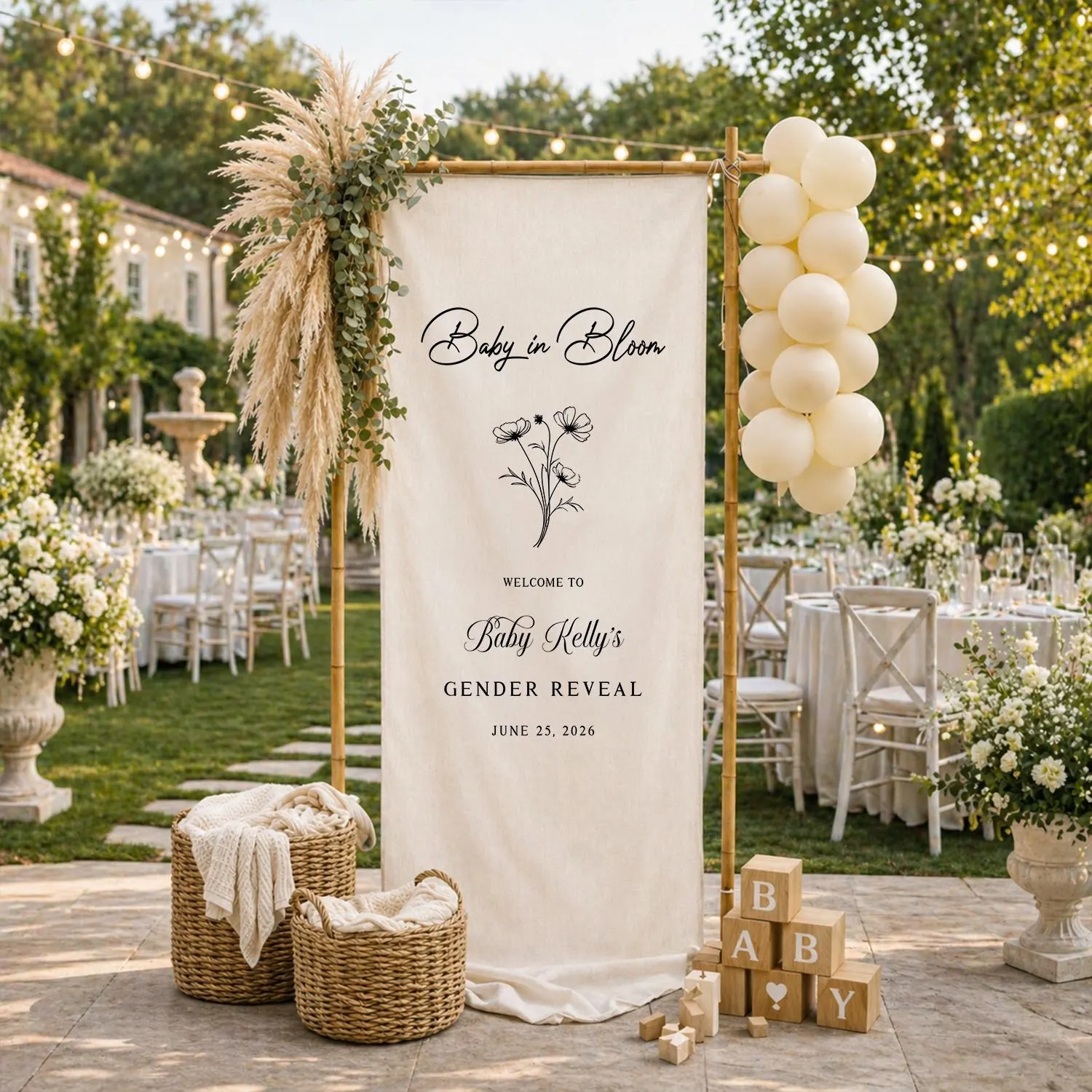 Baby in Bloom Gender Reveal Banner, Personalized Floral Welcome Sign, Custom Garden Party Shower Backdrop Decor - image 4