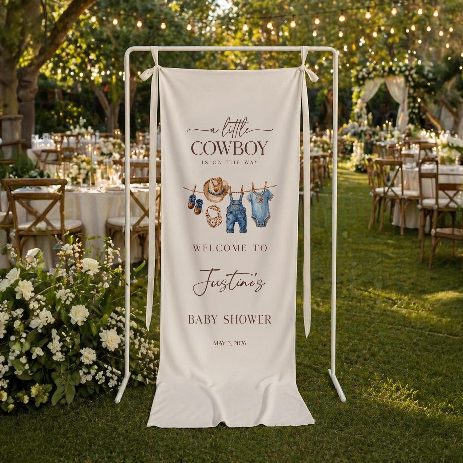 Personalized Cowboy Baby Shower Banner, Little Cowboy Welcome Sign, Western Baby Shower Tapestry, Baby Boy Party Decor - image 3