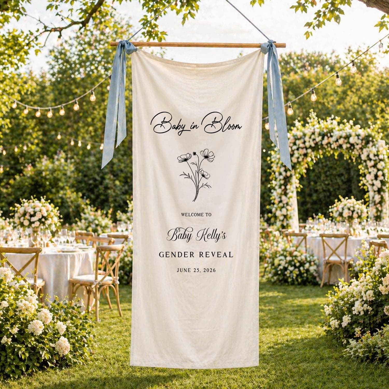 Baby in Bloom Gender Reveal Banner, Personalized Floral Welcome Sign, Custom Garden Party Shower Backdrop Decor - image 3