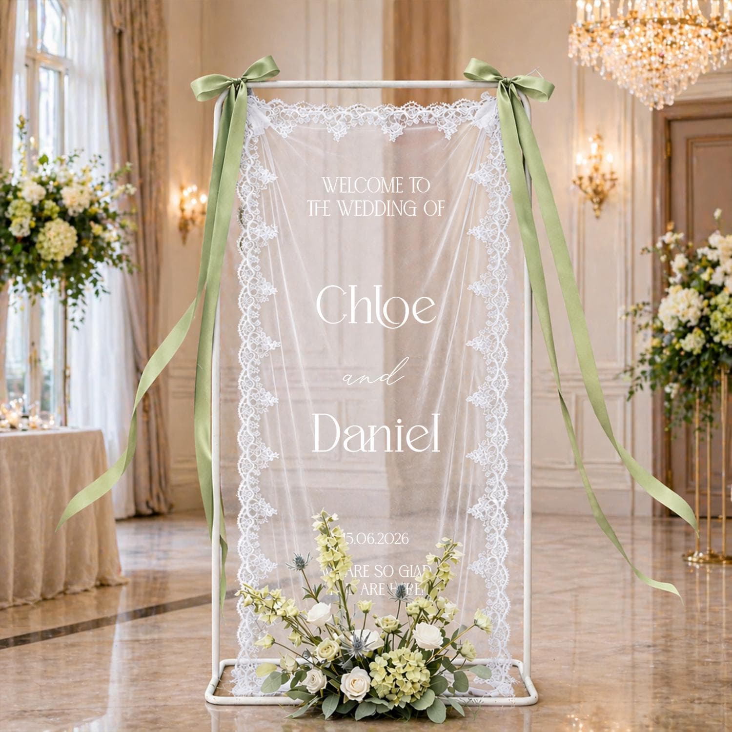 Personalized Lace Wedding Welcome Banner, Custom Bride Groom Names Sign, Elegant Sheer Ceremony Decor with Date - image 5