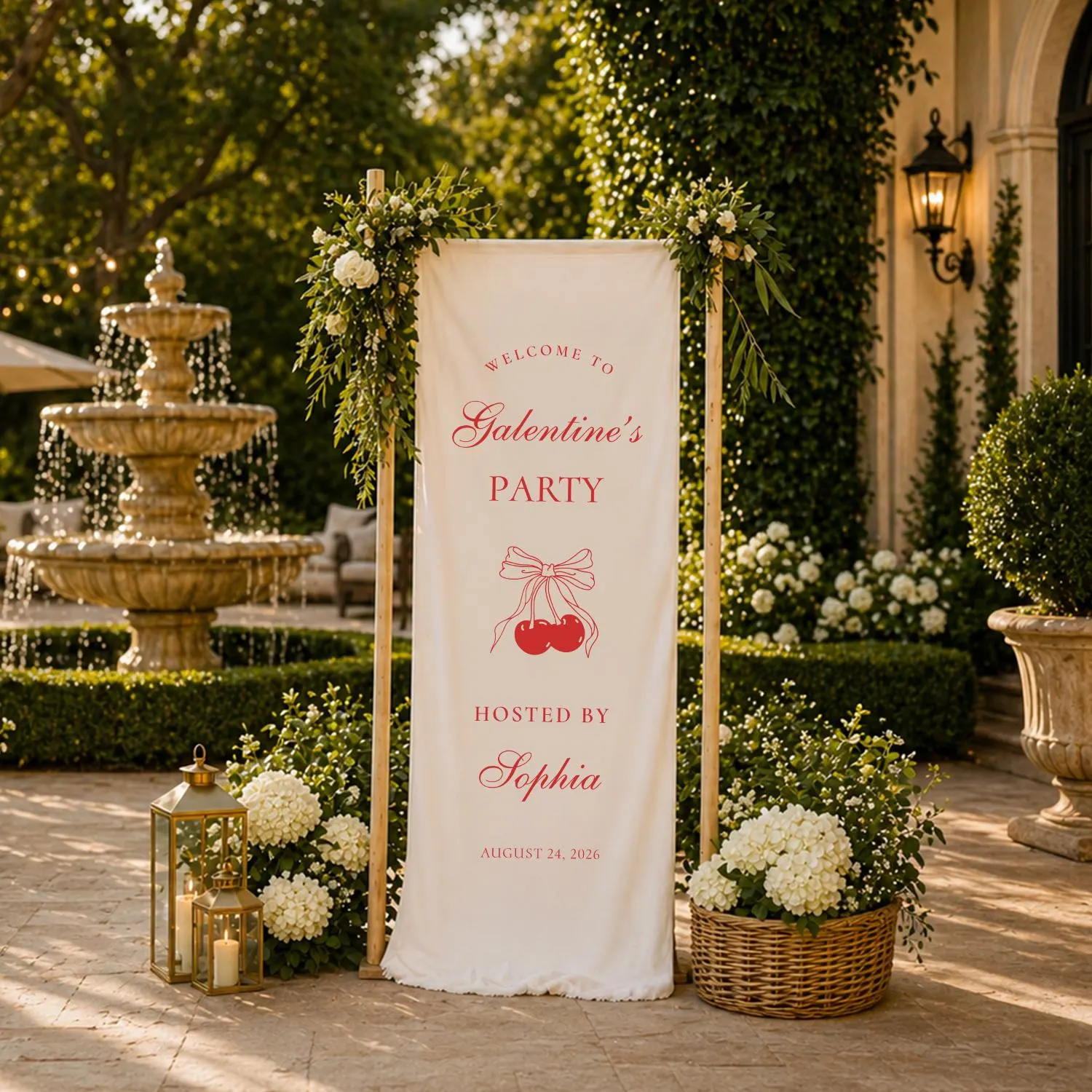 Custom Galentine’s Party Welcome Banner, Personalized Girls Party Fabric Sign, Cherry Theme Event Backdrop Decor - image 4