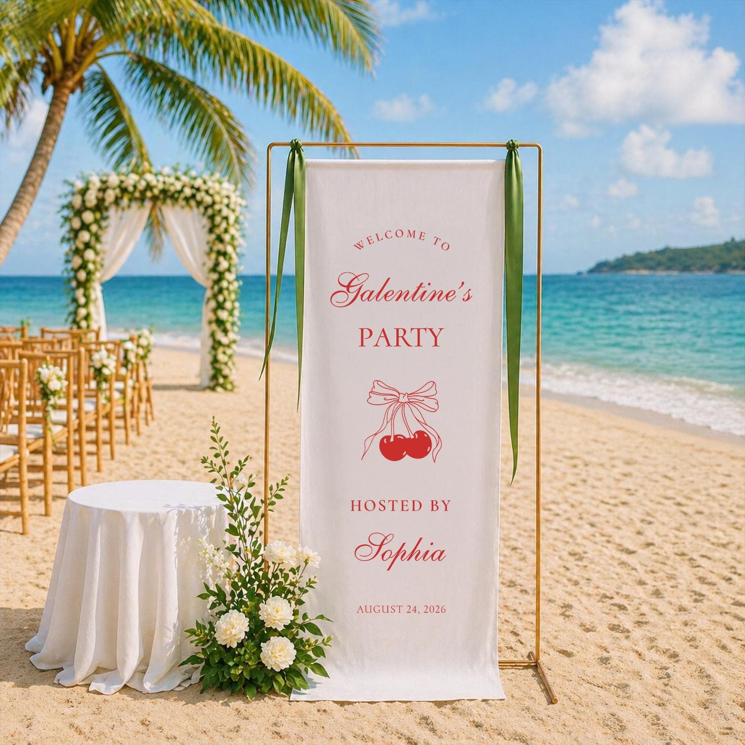 Custom Galentine’s Party Welcome Banner, Personalized Girls Party Fabric Sign, Cherry Theme Event Backdrop Decor - image 5