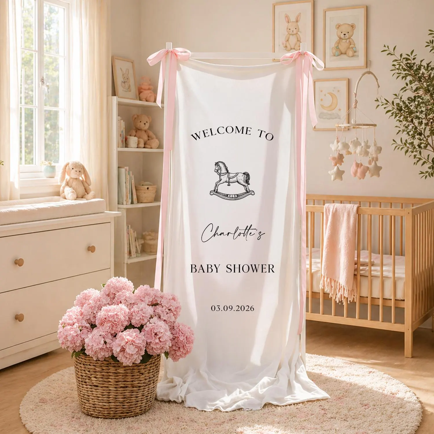Personalized Baby Shower Banner, Rocking Horse Welcome Sign, Custom Name Fabric Backdrop, Neutral Garden Party Decor - image 5
