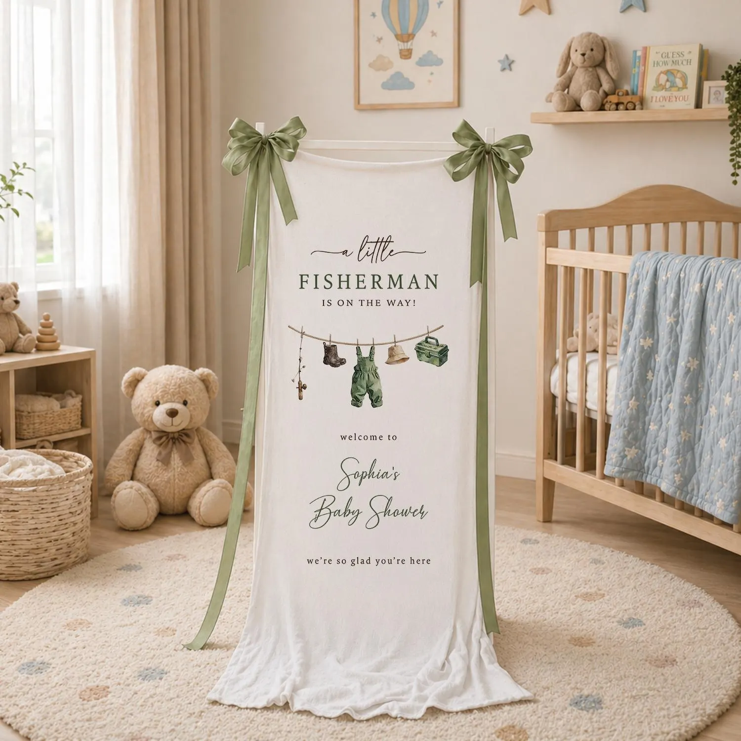 Little Fisherman Baby Shower Welcome Banner, Fishing Theme Baby Shower Sign, Personalized Fabric Party Banner Decor