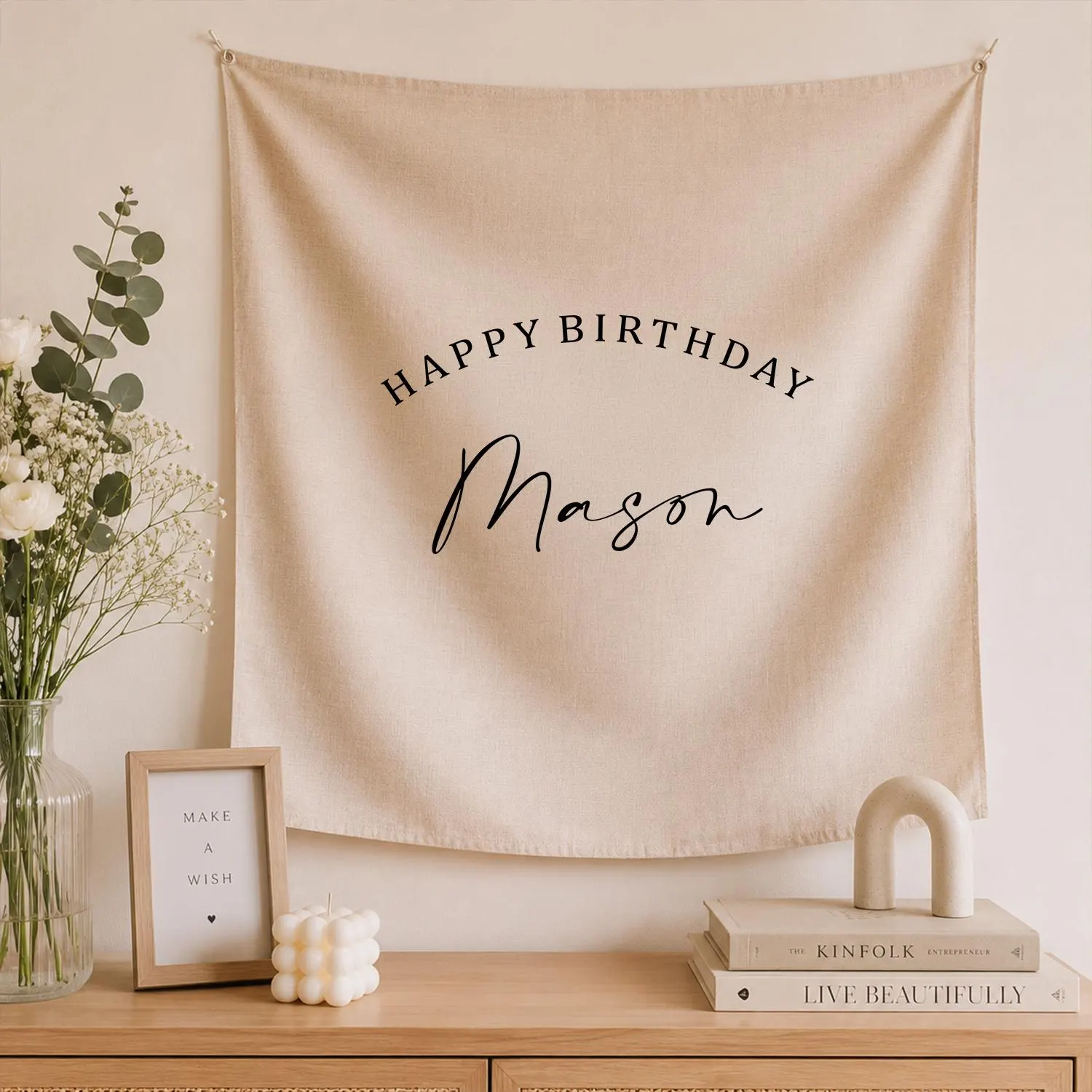 Personalized Happy Birthday Tapestry Banner, Custom Name Fabric Wall Hanging, Minimalist Birthday Party Decor - image 4
