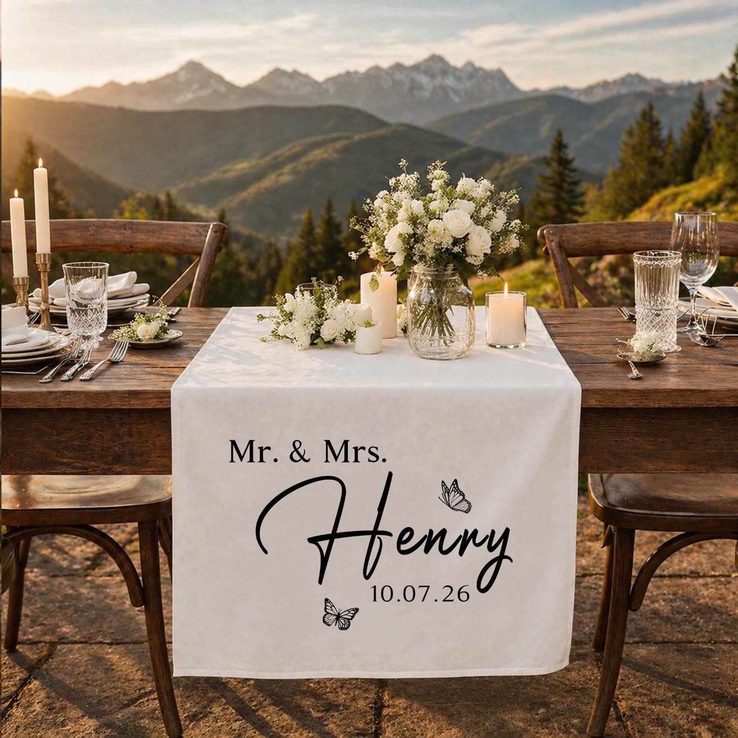 Personalized Wedding Table Runner, Mr and Mrs Custom Reception Decor, Bridal Cake Table Linen with Name and Date - image 5