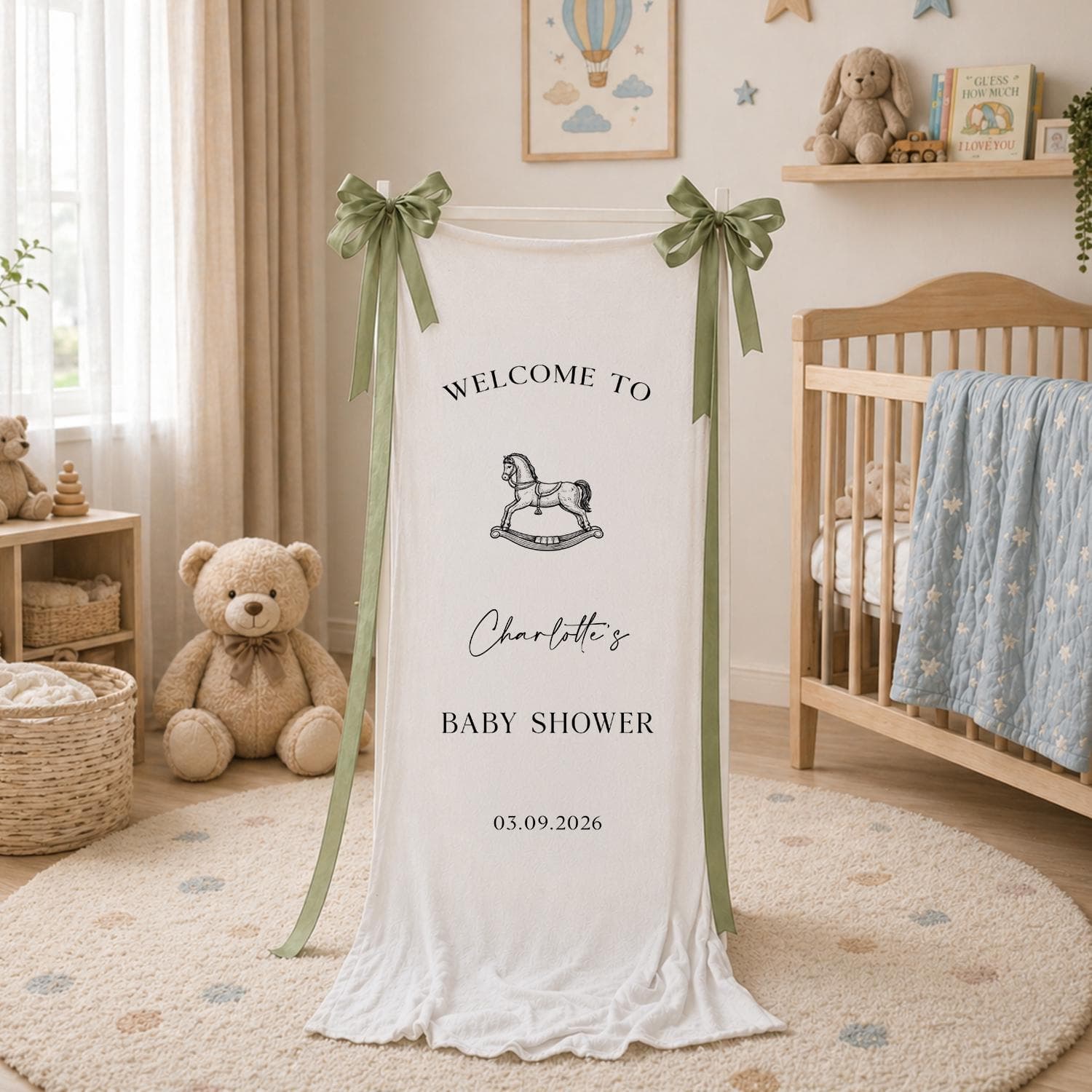 Personalized Baby Shower Banner, Rocking Horse Welcome Sign, Custom Name Fabric Backdrop, Neutral Garden Party Decor - image 4