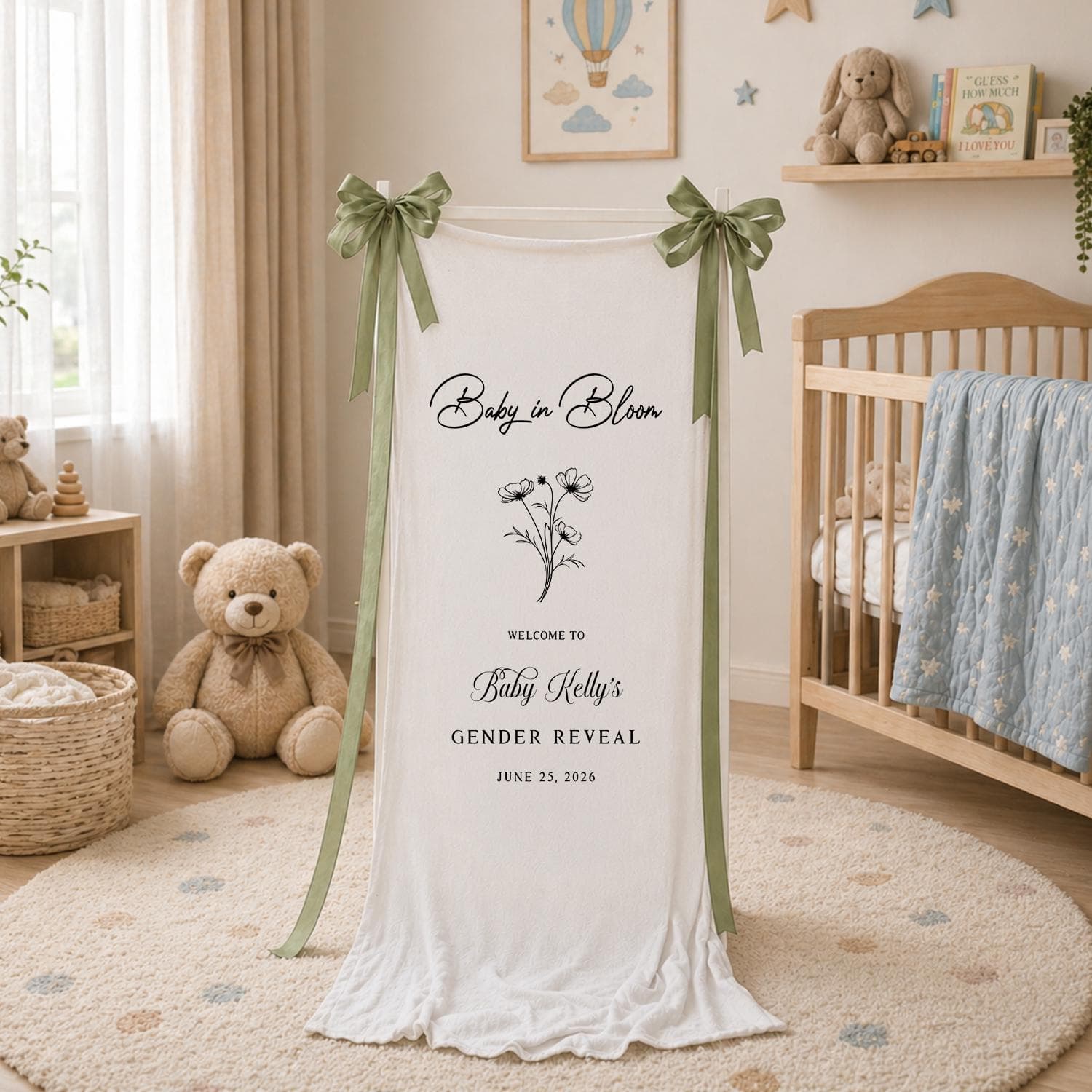 Baby in Bloom Gender Reveal Banner, Personalized Floral Welcome Sign, Custom Garden Party Shower Backdrop Decor