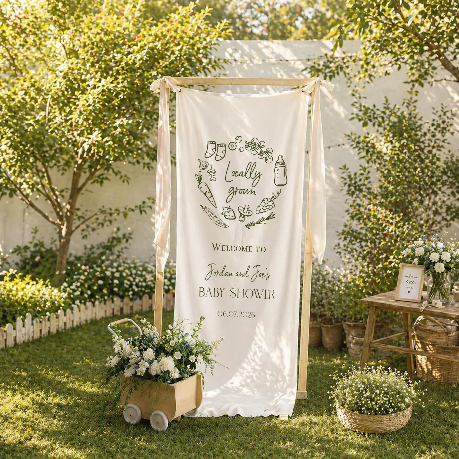 Personalized Baby Shower Banner, Custom Welcome Sign Neutral Theme, Locally Grown Baby Shower Decor with Names and Date - image 3