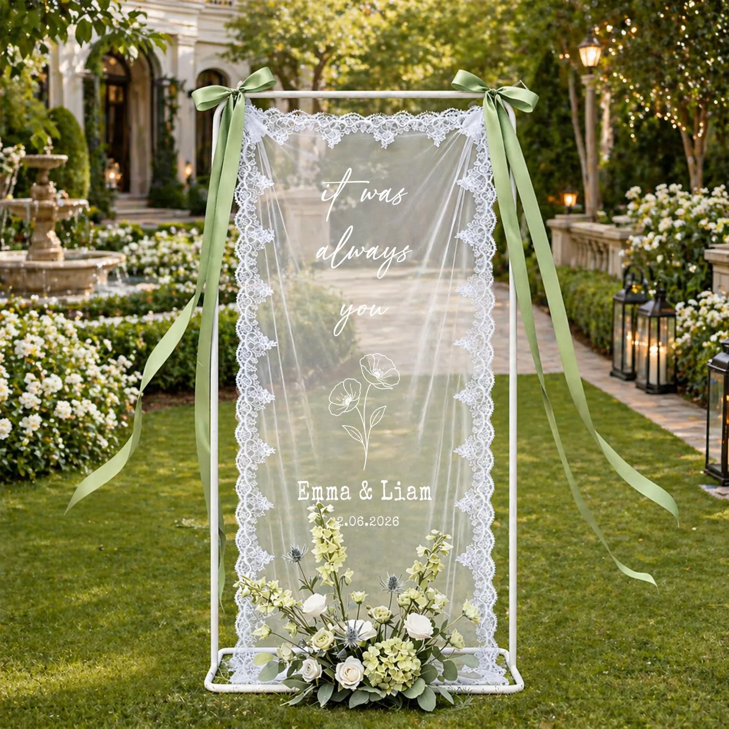Lace Trim Wedding Quote Banner, Sheer Bridal Shower Backdrop, Romantic Ceremony Decor with Custom Names and Date